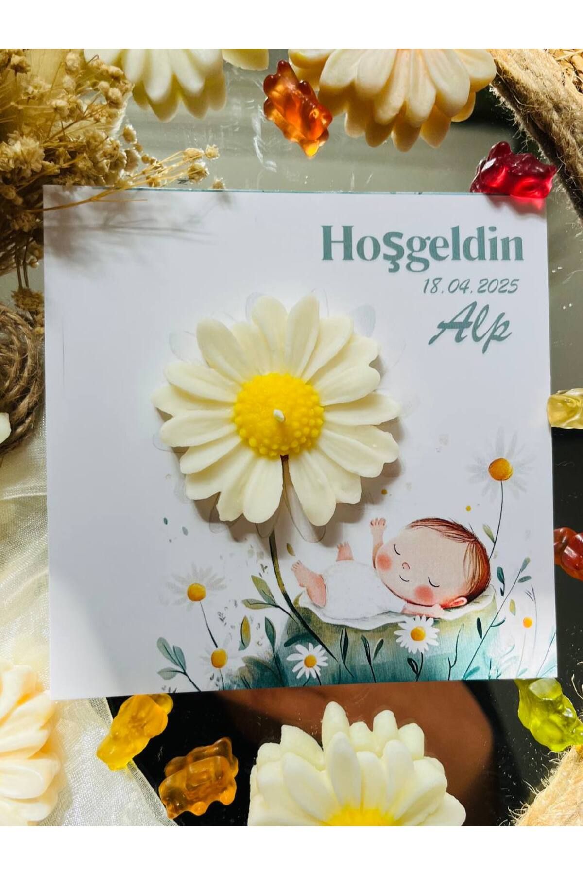 GUGES 15 Adet Özel Tasarlanmış Kart Ve Papatya Mum. Bebek Doğum, BabyShower, Doğum Günü, Hediyelik