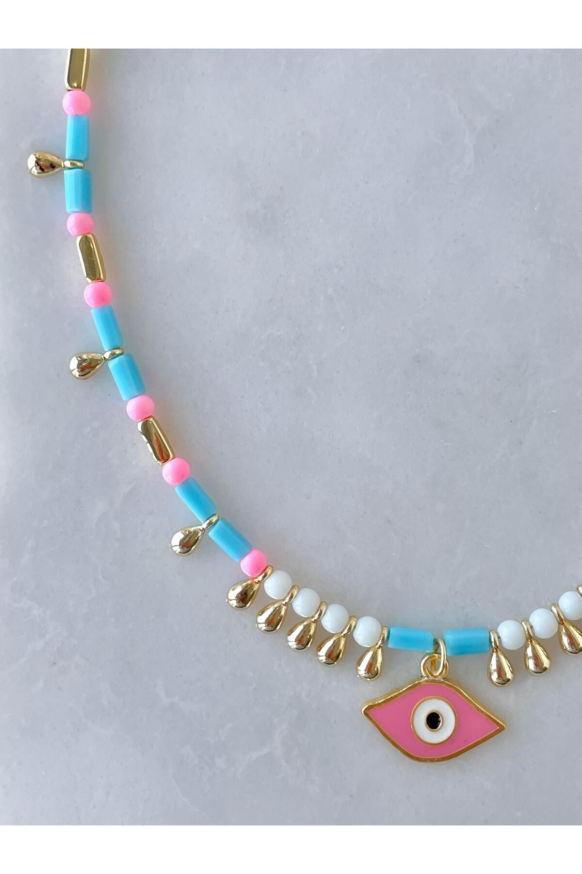 Seda Bijuteri Gold Damla Sallantılı Nazar Kolye Pembe