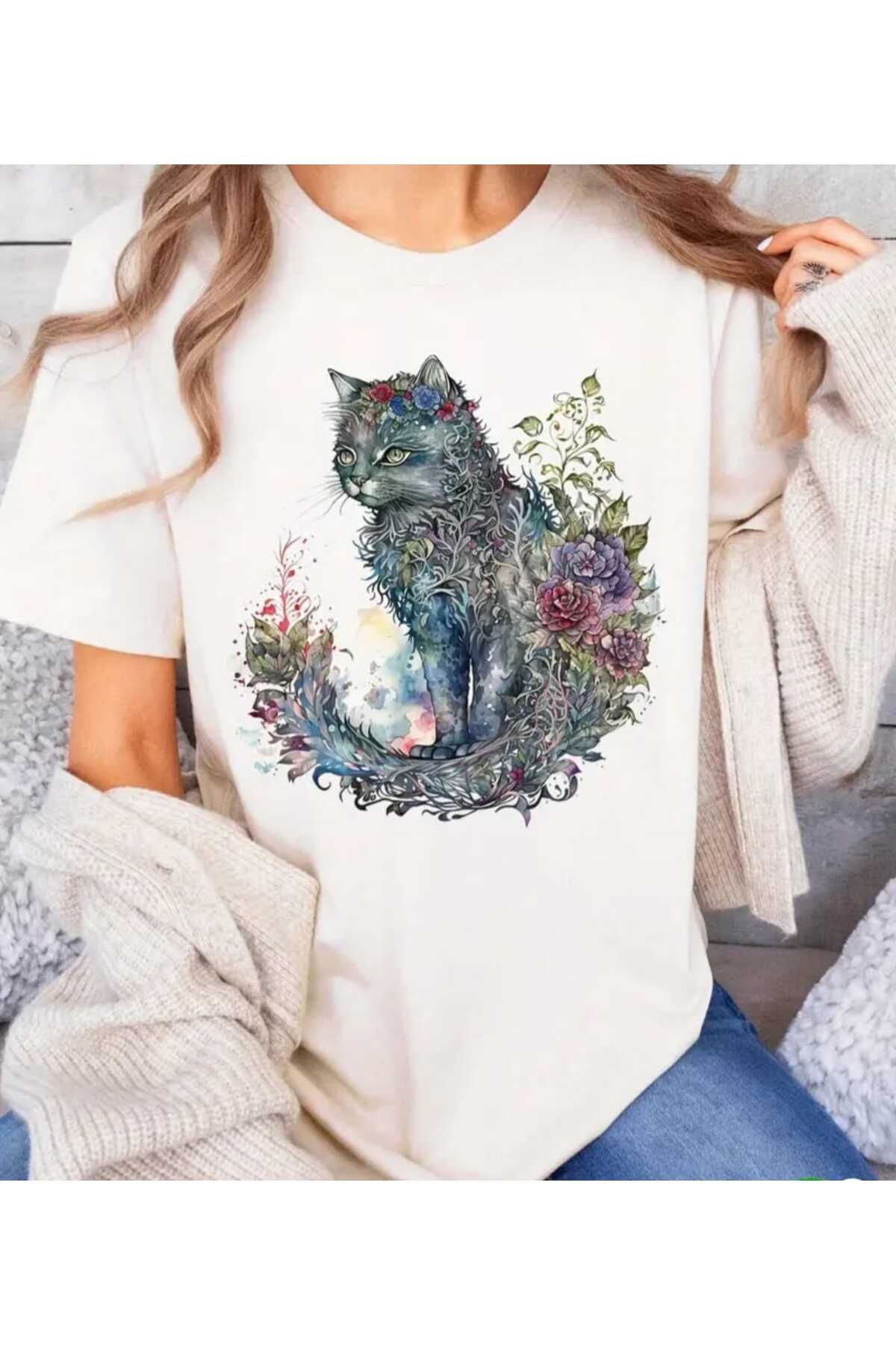 Panda Baskı Tekstil Çiçek Kedi Baskılı Özel Tasarım Oversize Tshirt