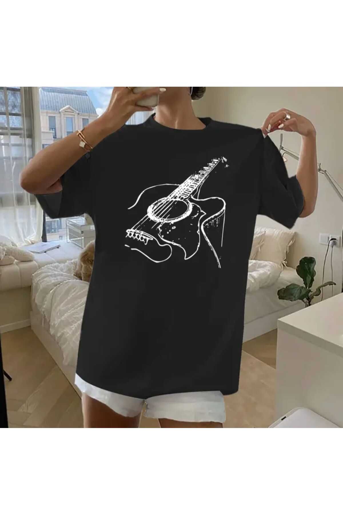 Panda Baskı Tekstil Gitar Özel Tasarım Baskılı Oversize Tshirt