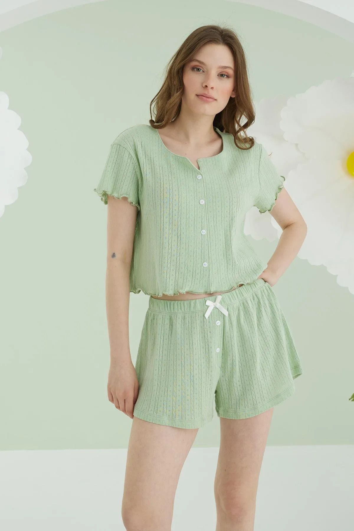 NBB Crop & Şort Takım, Önden Düğmeli, Yeşil, Self Patterned
