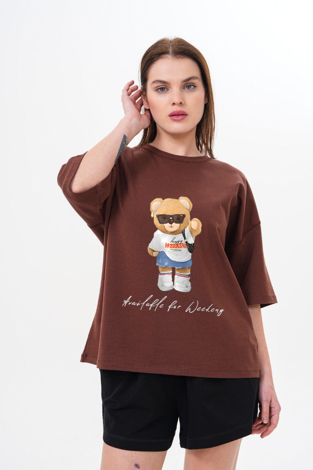 LOU MODA - KADIN AYI BASKILI PAMUKLU TSHIRT OVERSİZE BÜYÜK BEDEN