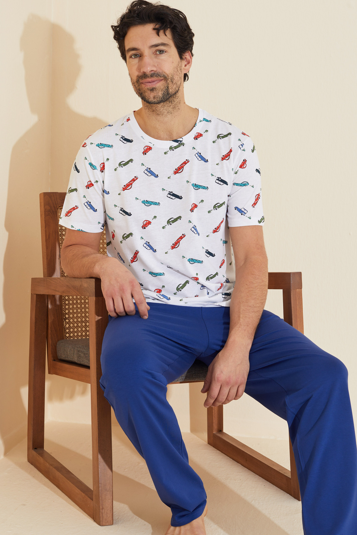 Siyah İnci beyaz renkli desenli Bisiklet Yaka Baskılı Örme Pijama Takım 25109843