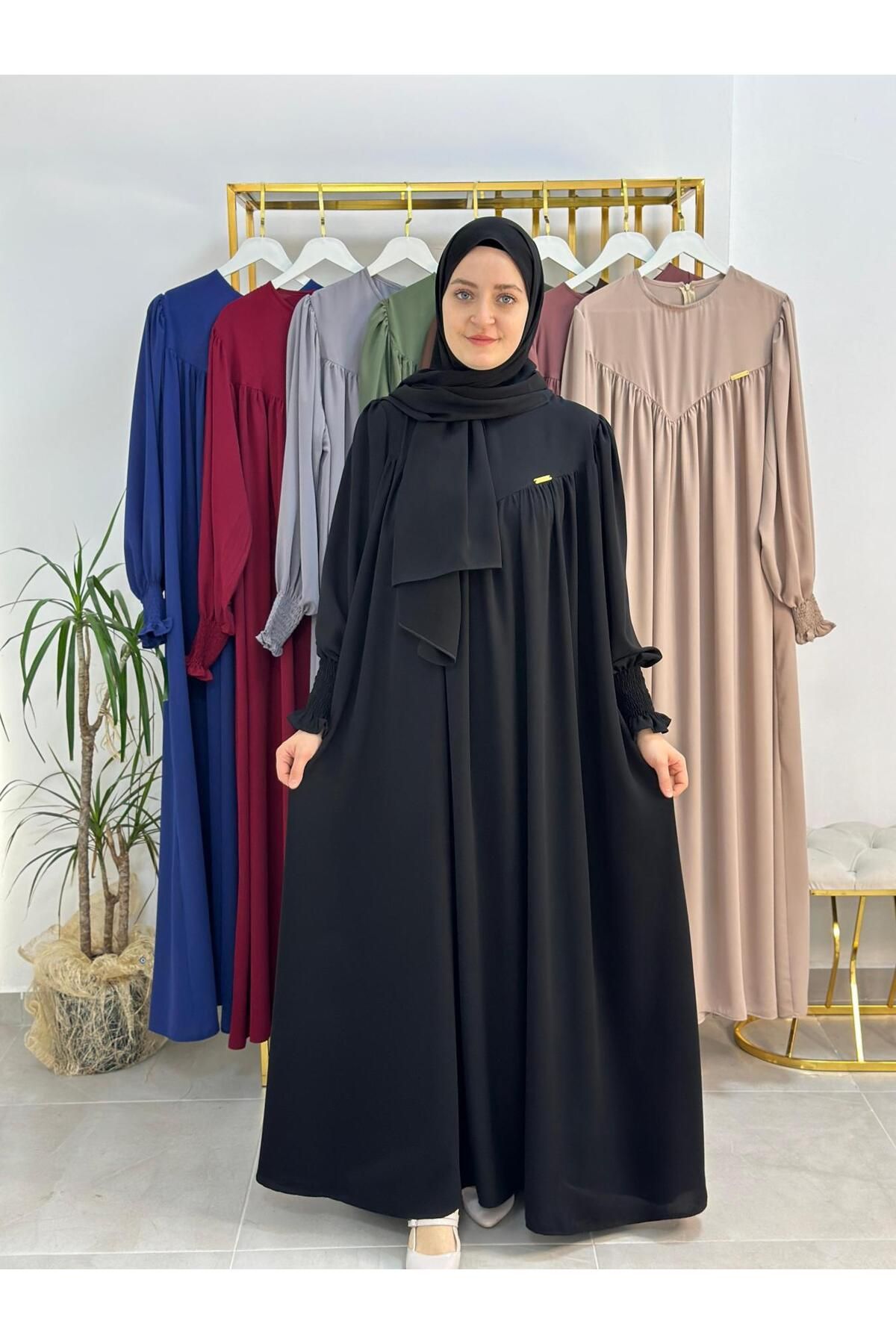 erasra class sallı ,önü V model büzgülü tesettür elbise takım ,ferrace,abaya, hicab,hac ve umre için uygun siyah