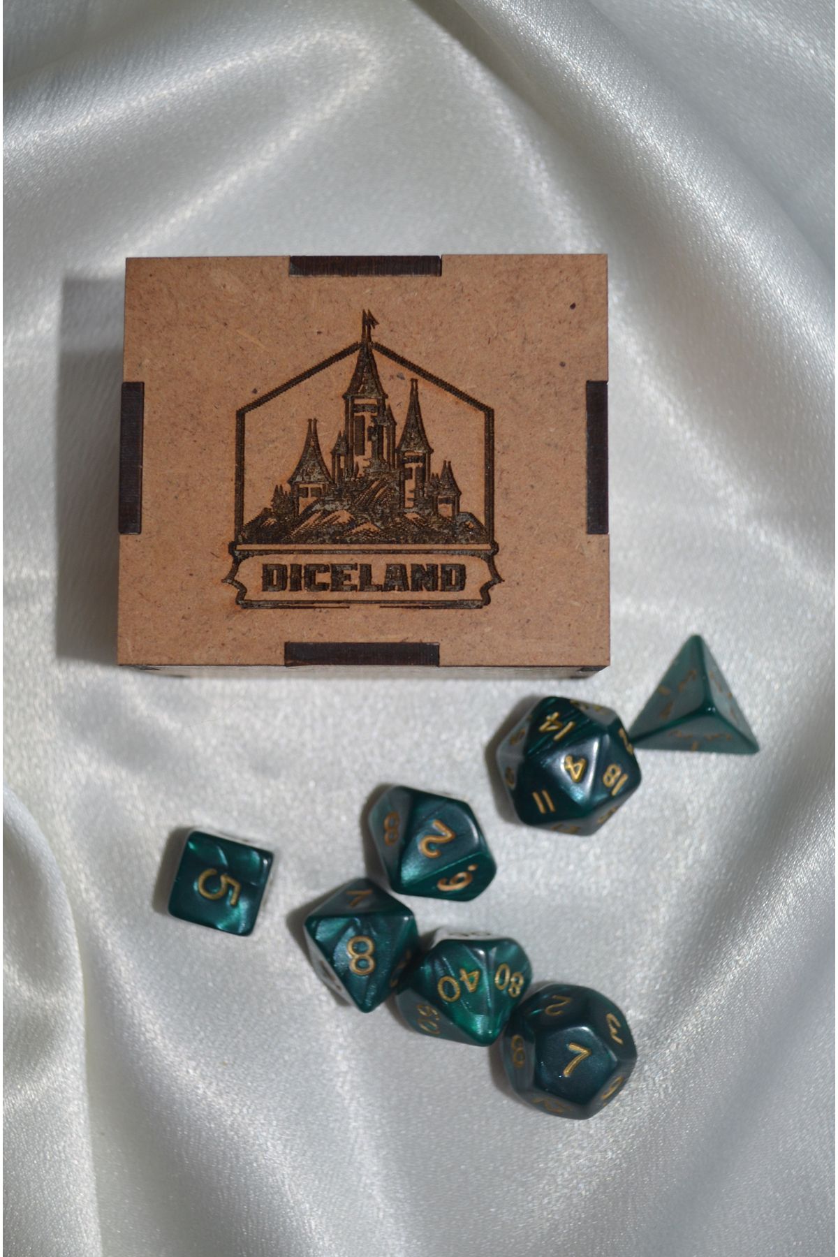 DiceLand DND RPG Dungeons and Dragons 7'li Sedefli Nature Yeşil Zar Seti ve Hediye Kutu