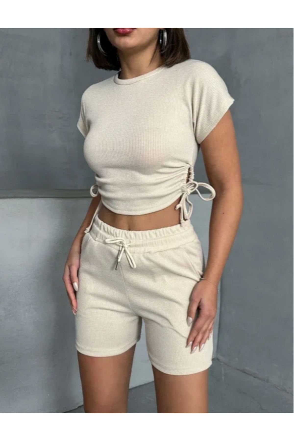 MODA Burgulu Bürümcük Kumaş Şort Takım