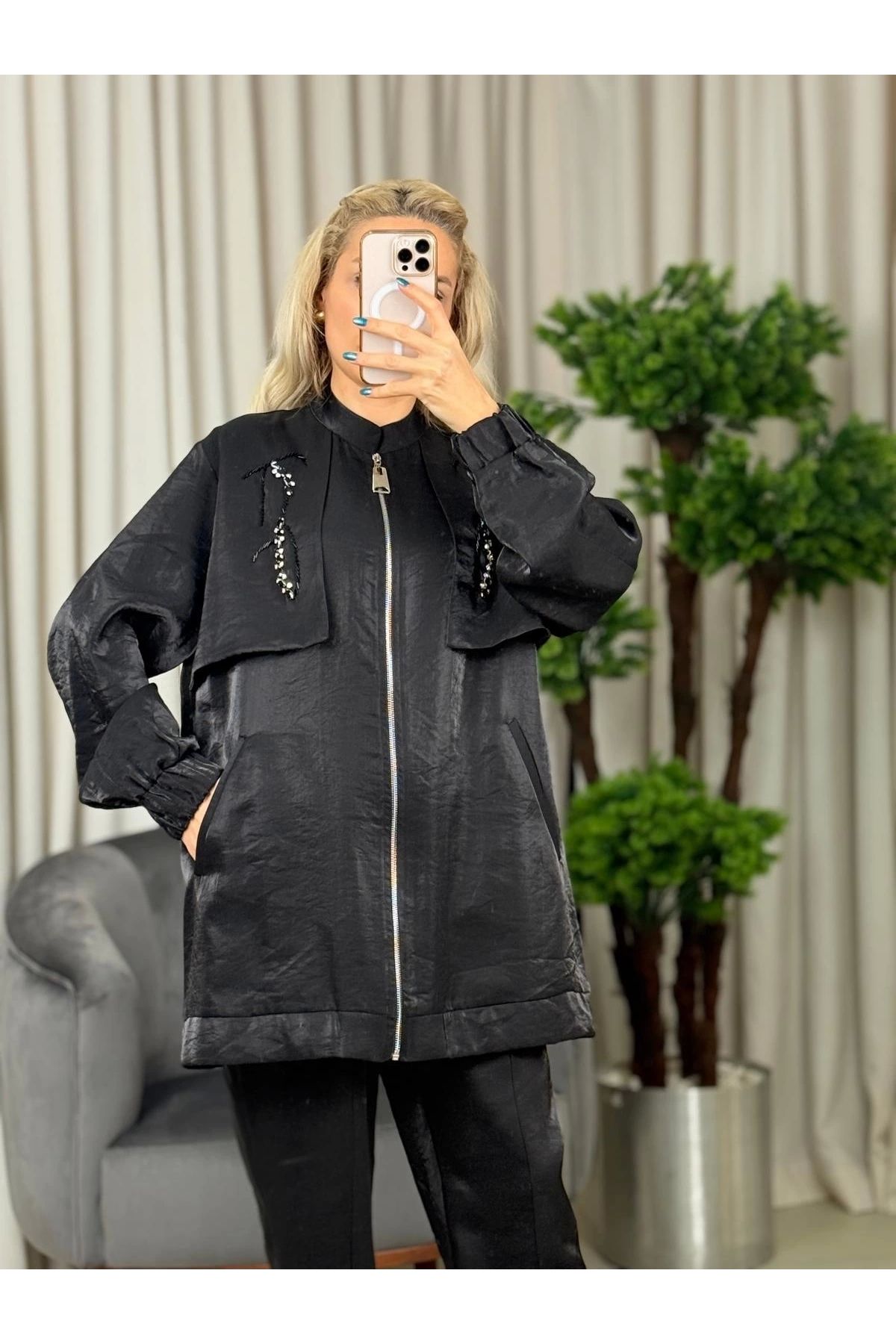 On Fashion Nuss Parlak Kumaş Cepli Fermuarlı Takım NS25Y1049