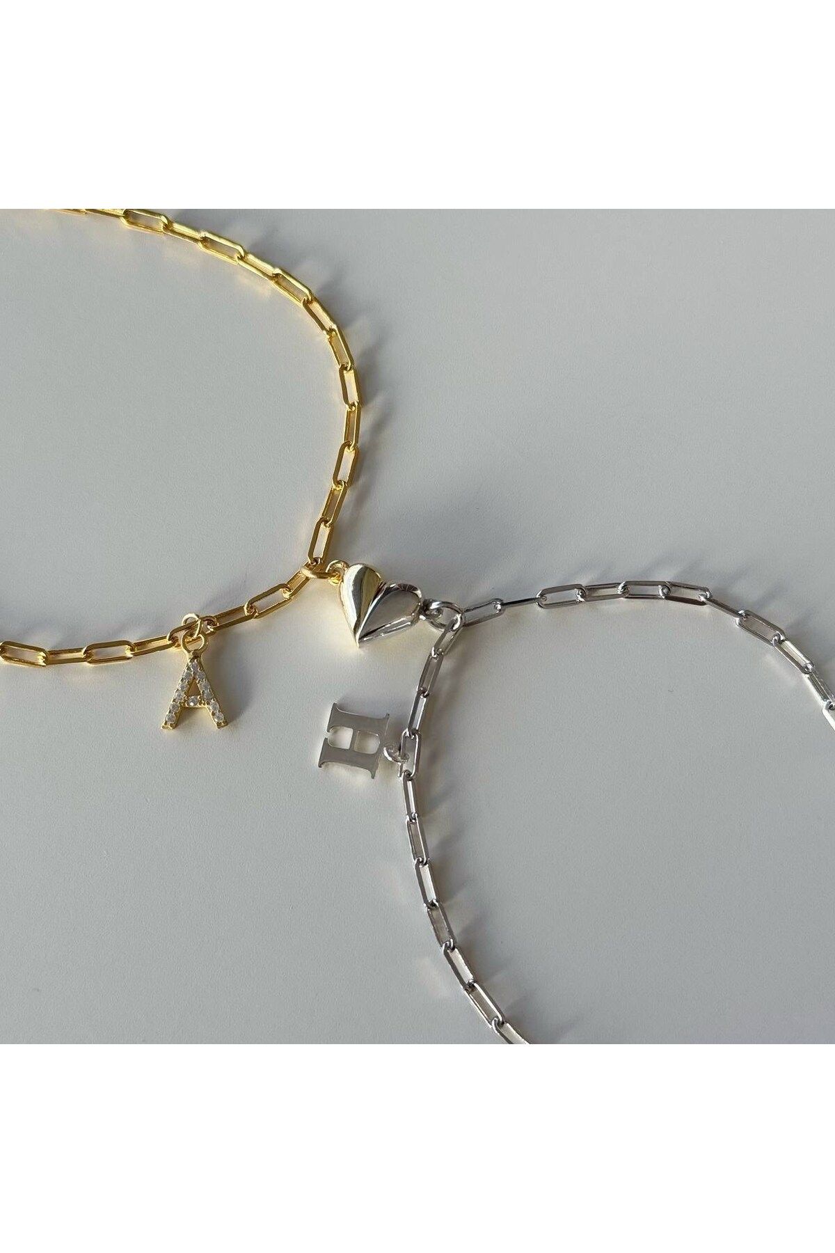 beonejewelry MIKNATISLI KALP HARFLİ ÇİFT BİLEKLİK | 925 GÜMÜŞ