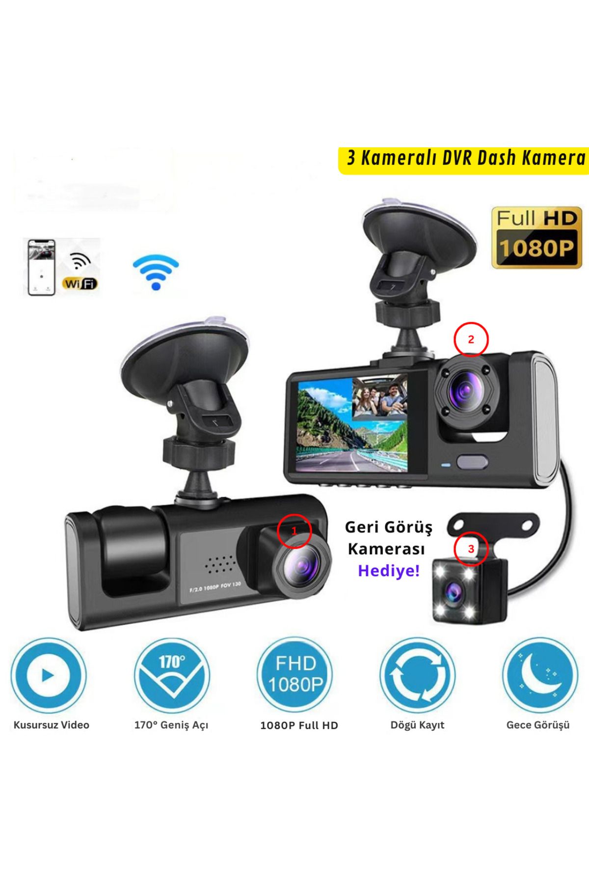 Wodimark 1080P Dash Cam Full Hd Araç içi Kamera Ön Arka ve İç Kayıt 3 Kamera Gece Görüşlü G Sensör Geniş Açı
