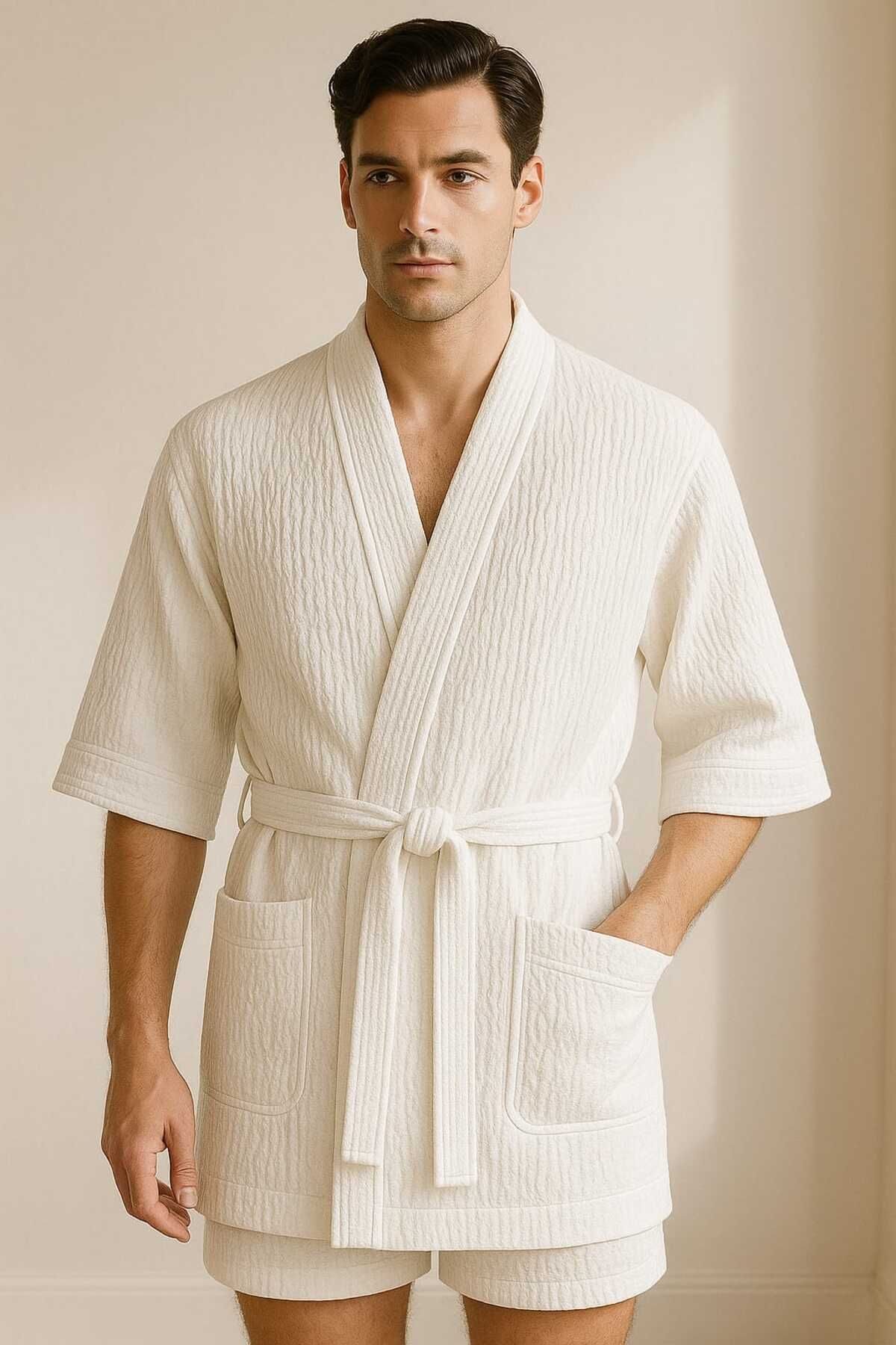 Dekatür Collection Bürümcük Beyaz Erkek Kimono