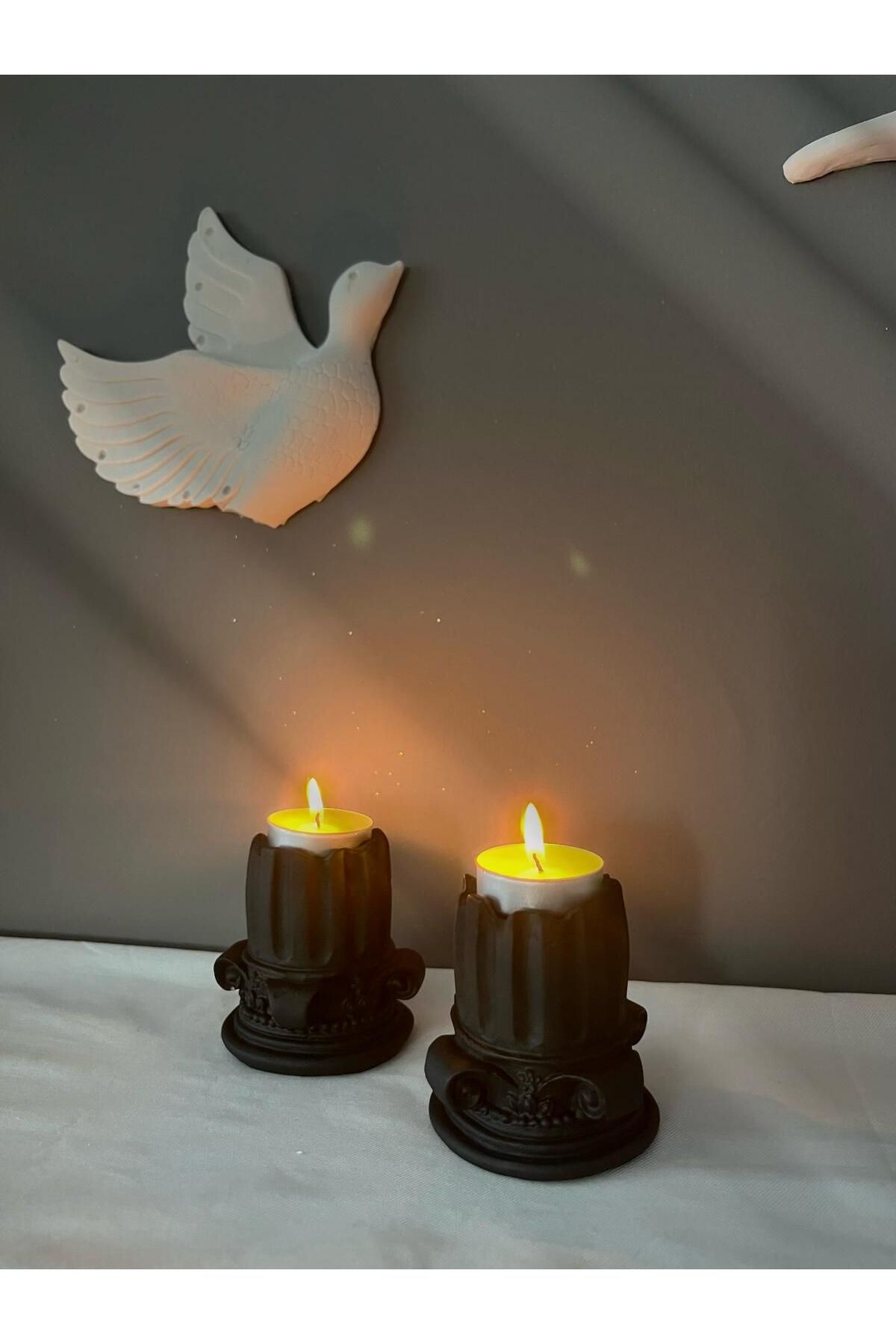 Evosia Design Siyah Antik Roma Sütunu Tealight Mumluk ( 2 adet )