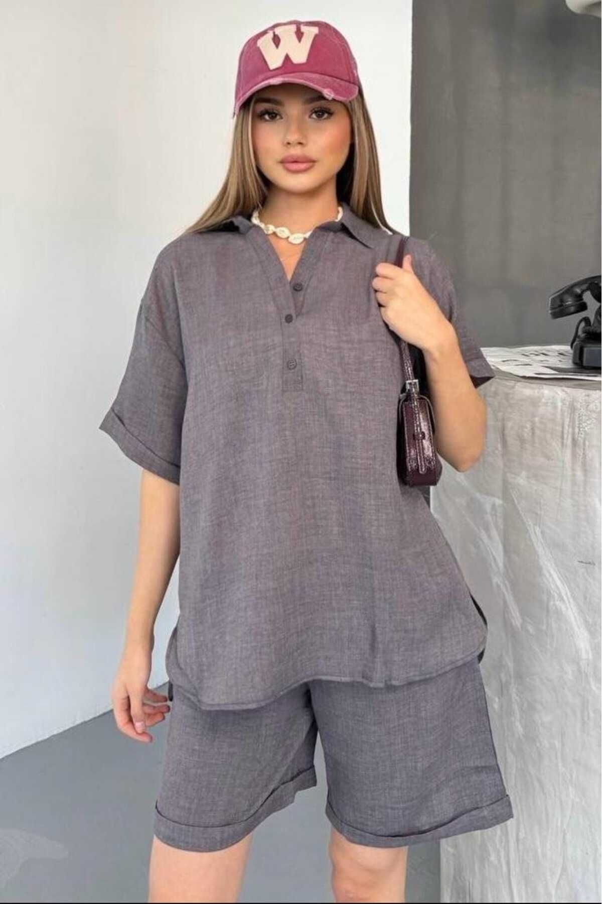 NUDEQUEEN Sofia Keten Şortlu Takım (Kolay Ütü) KG8000