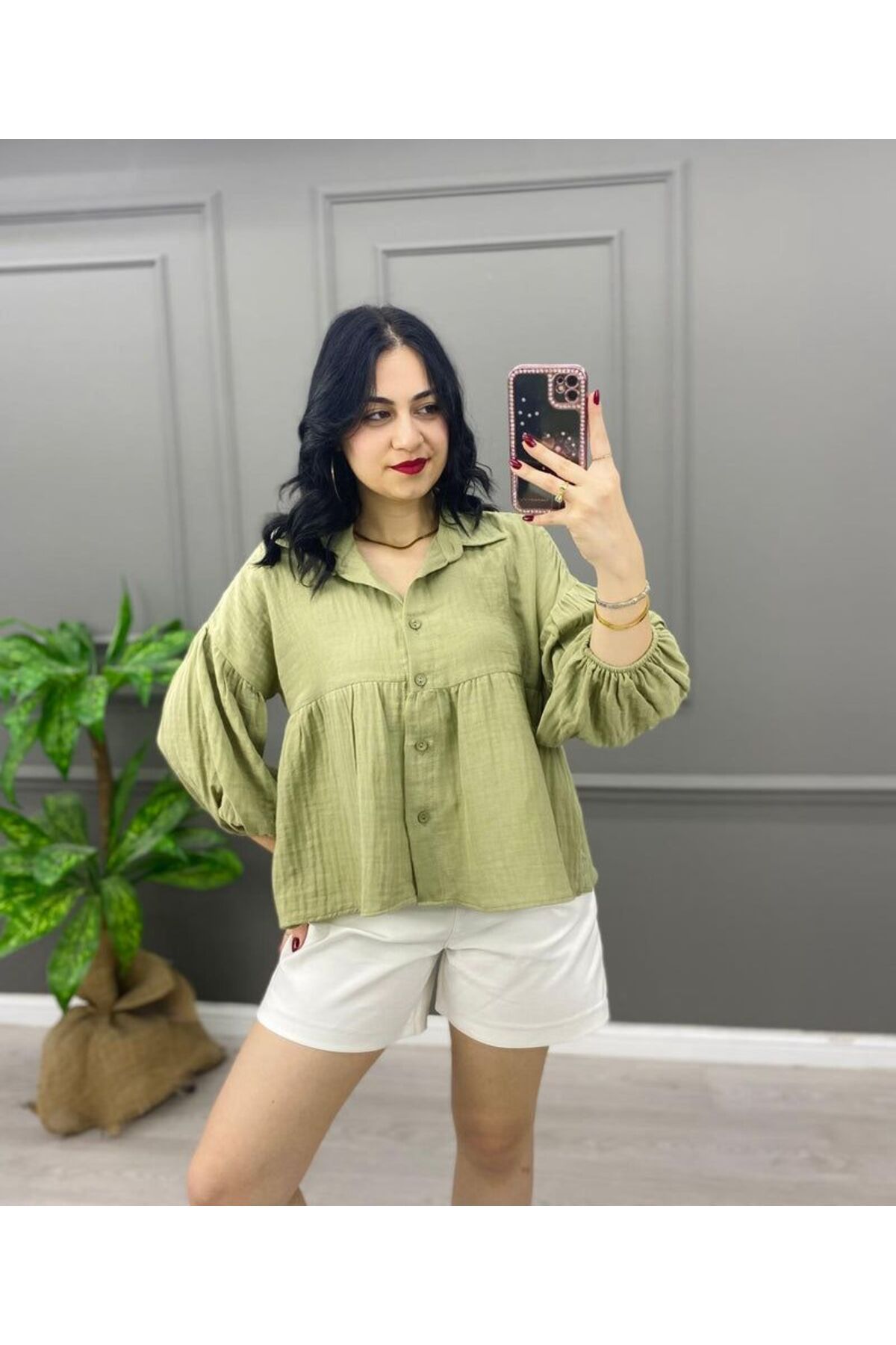 EGELİMODA Kısa Büzgülü Crop Müslin Gömlek Bluz