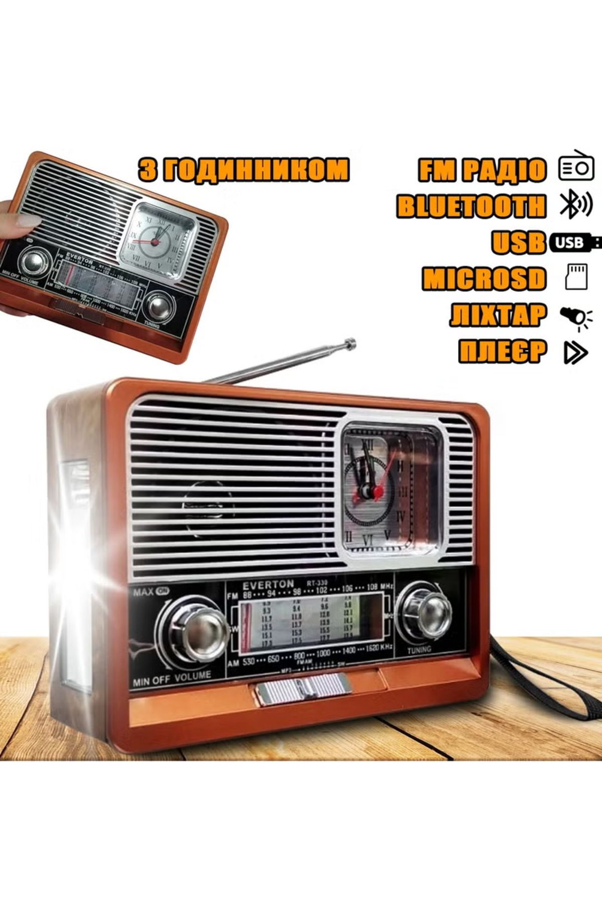 evche-Rechargeable radio supports 8 bands and features multiple functions including USB, TF card, Bluetooth and flashlight. 6