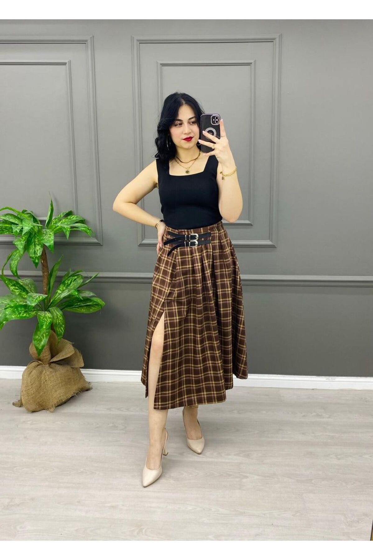 EGELİMODA Kemerli Midi Boy Kloş Ekose Etek
