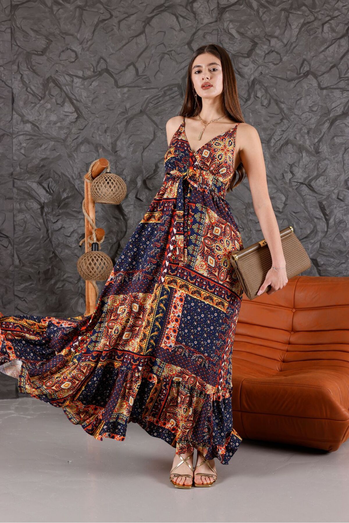Pulli Collection Desenli Viskon Maxi Kuşaklı Elbise