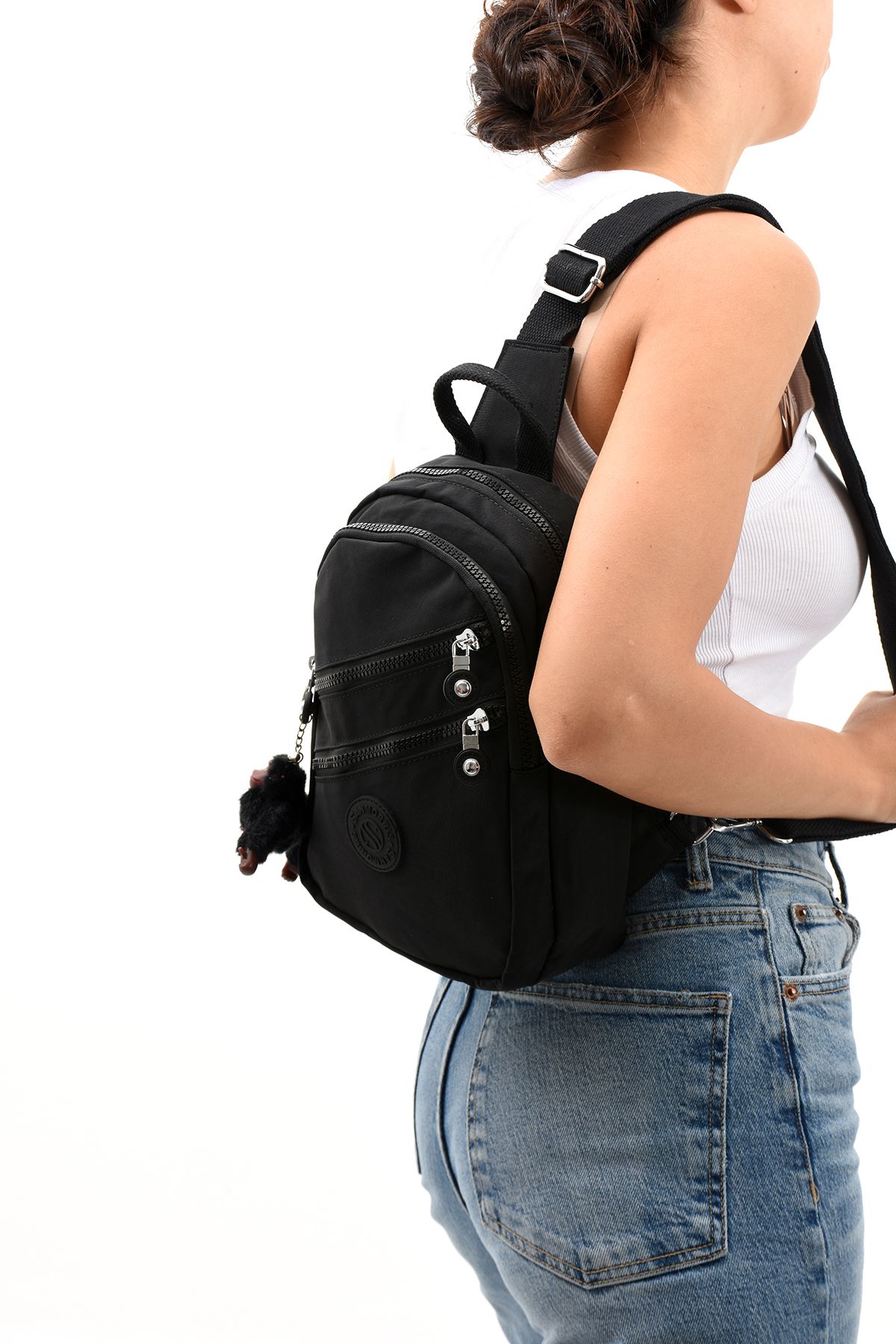 Sanmorris 3042 Unisex Kırinkıl Kumaş Suya Dayanıklı Ayarlanabilir Askılı Çok Bölmeli Omuz Çanta Body Bag Siyah