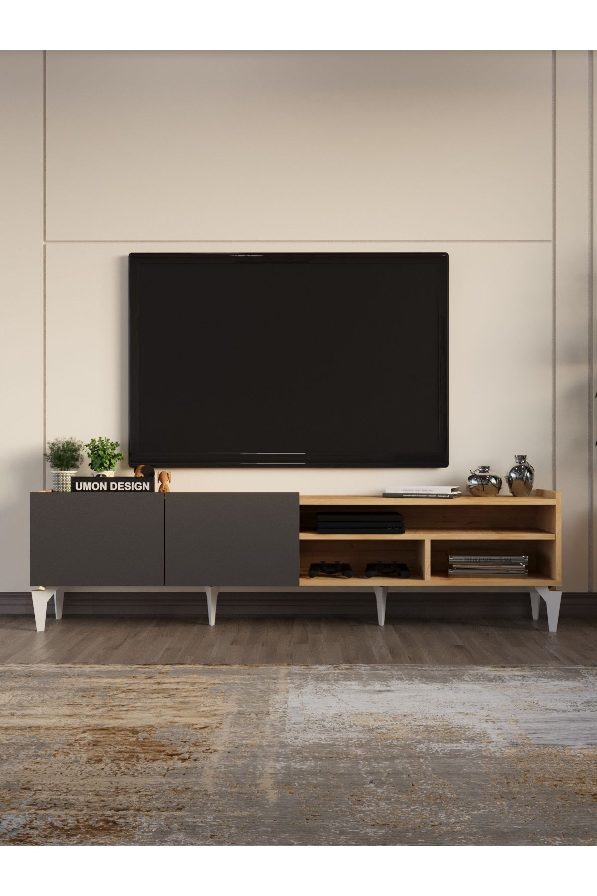 umondesign Umon Design Kapaklı TV Ünitesi 180 cm Düşer Kapaklı Raflı Televizyon Sehpası