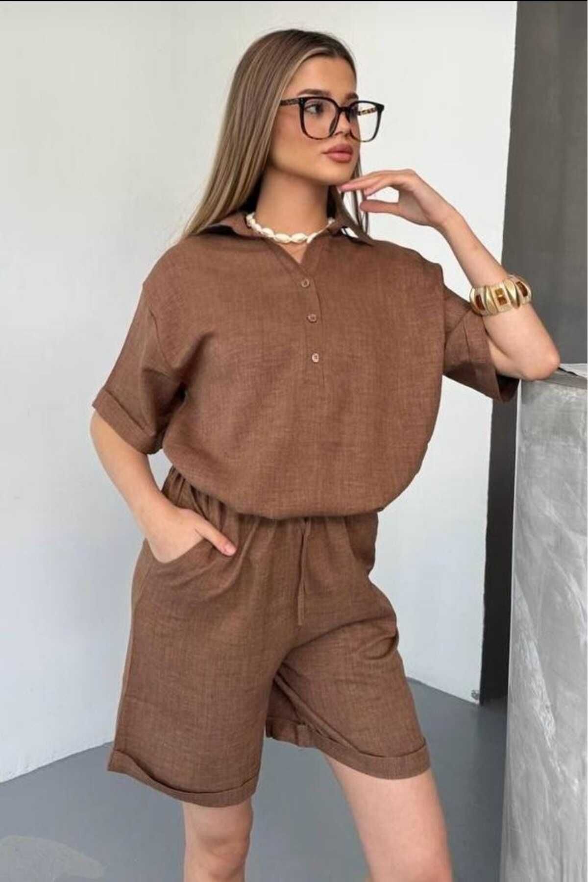 NUDEQUEEN Sofia Keten Şortlu Takım (Kolay Ütü) KG8000