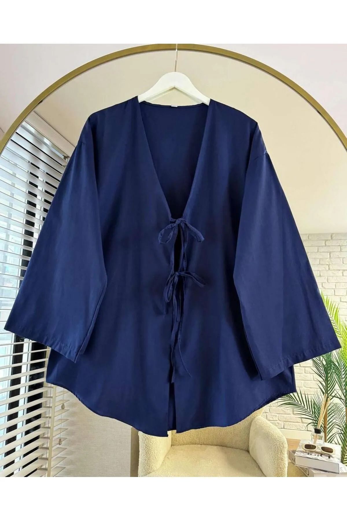 fumel women's clothing Önü Baglamalı Lacivert Kimono Tunik