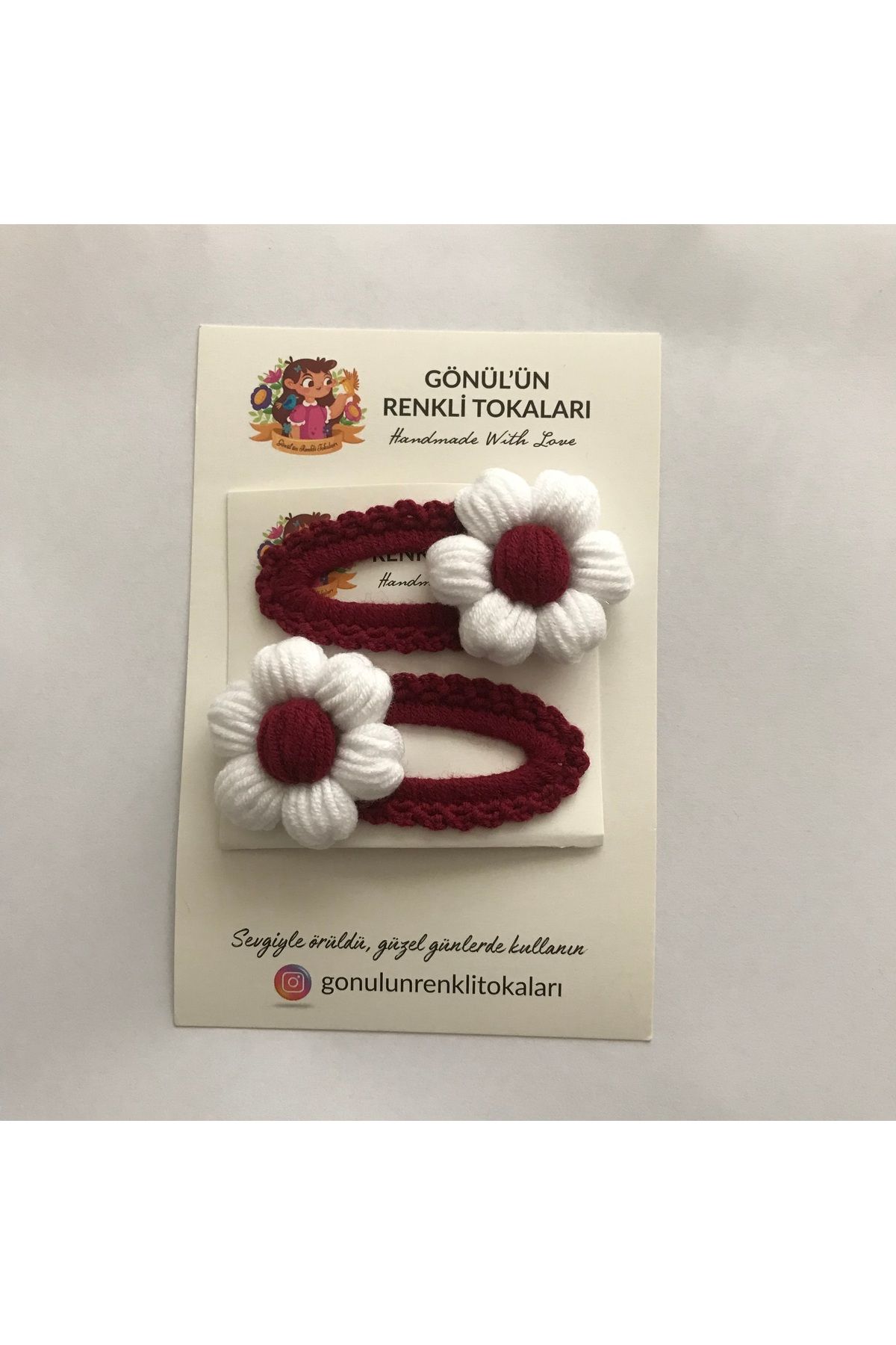 Gönülden Aksesuar 6cm oval gümüş metal çıt çıtlı el örgüsü renkler bordo beyaz pofuduk papatya toka