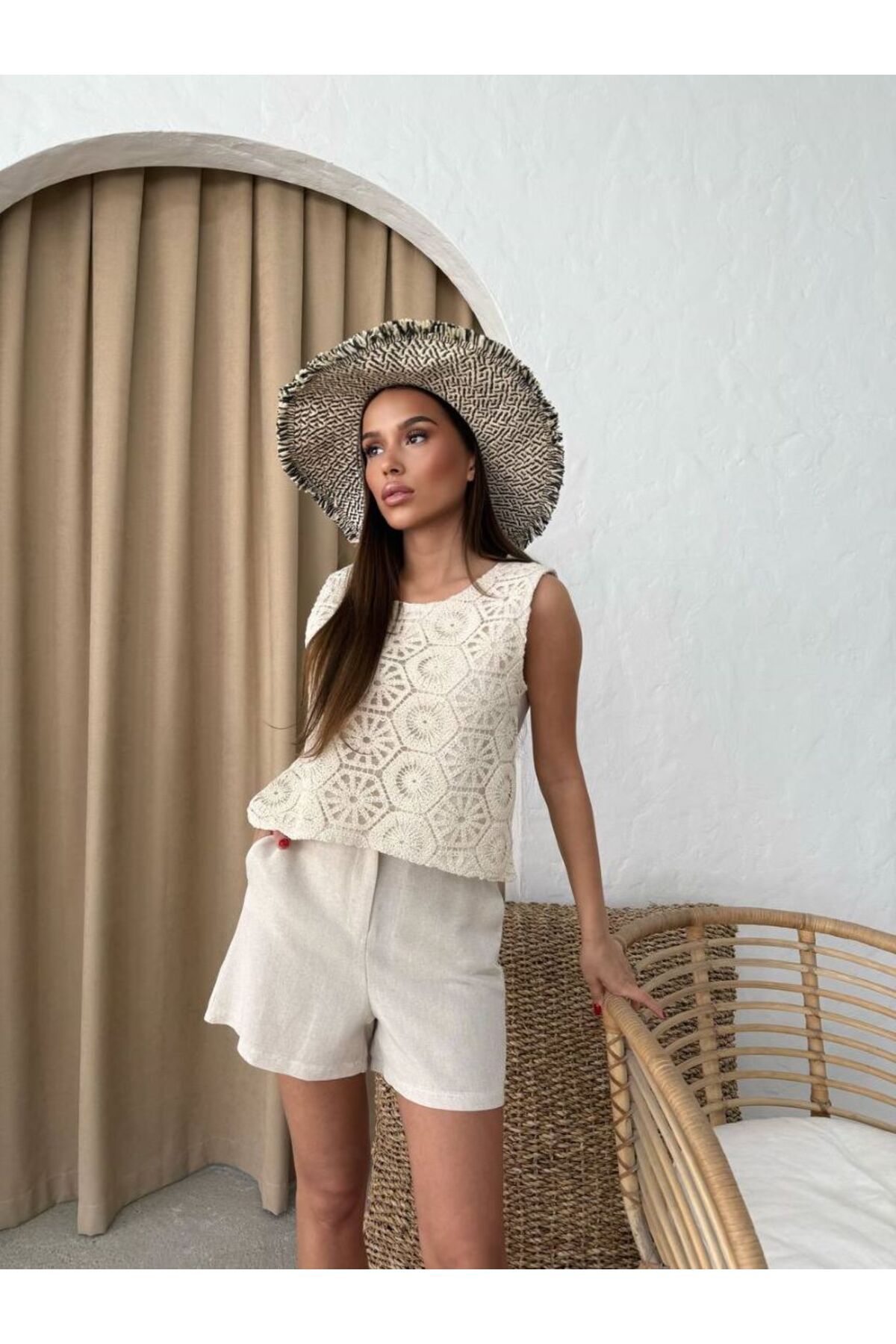 jennyfer garment İTHAL KETEN KUMAŞ DANTEL DETAYLI TAKIM BLUZ