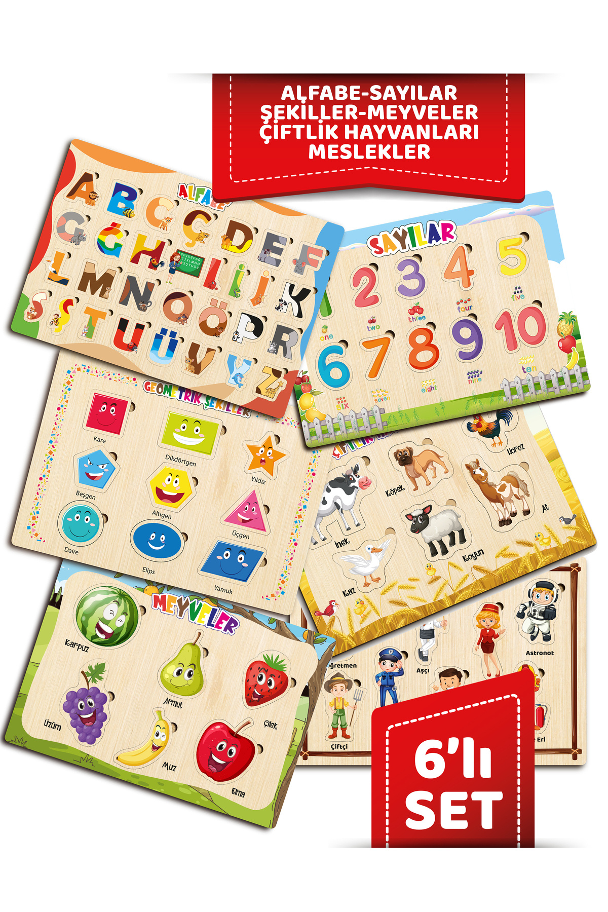 TIME TABLE-Wooden Educational Tutorial Cute Set of 6 Alphabet Numbers Shapes Vegetables Fruits Occupations 6 Li 1
