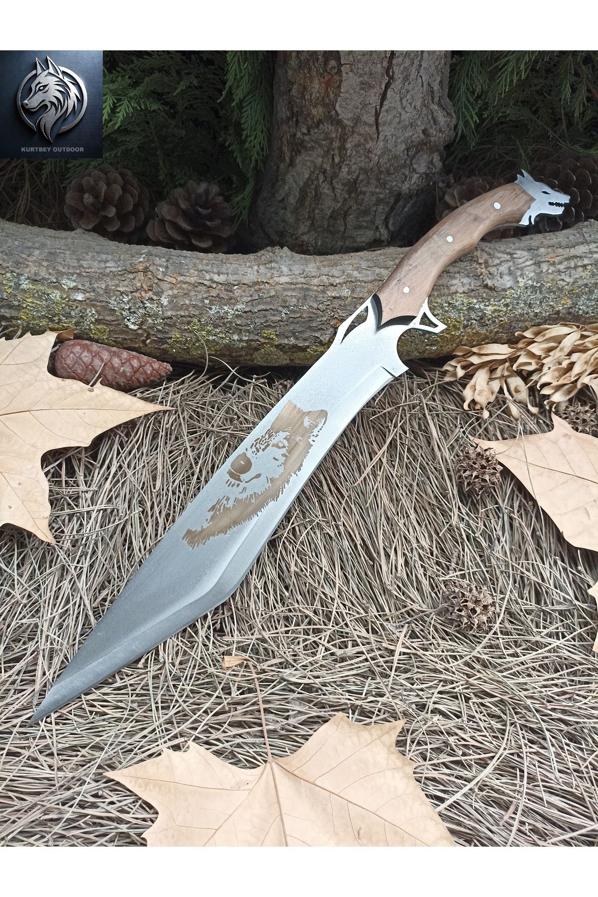 kurtbey Özel Seri Kurtbaşlı Baskılı Pala Model Dev Boy Avcı 50cm Sallama Ormancı Ceviz Kabze
