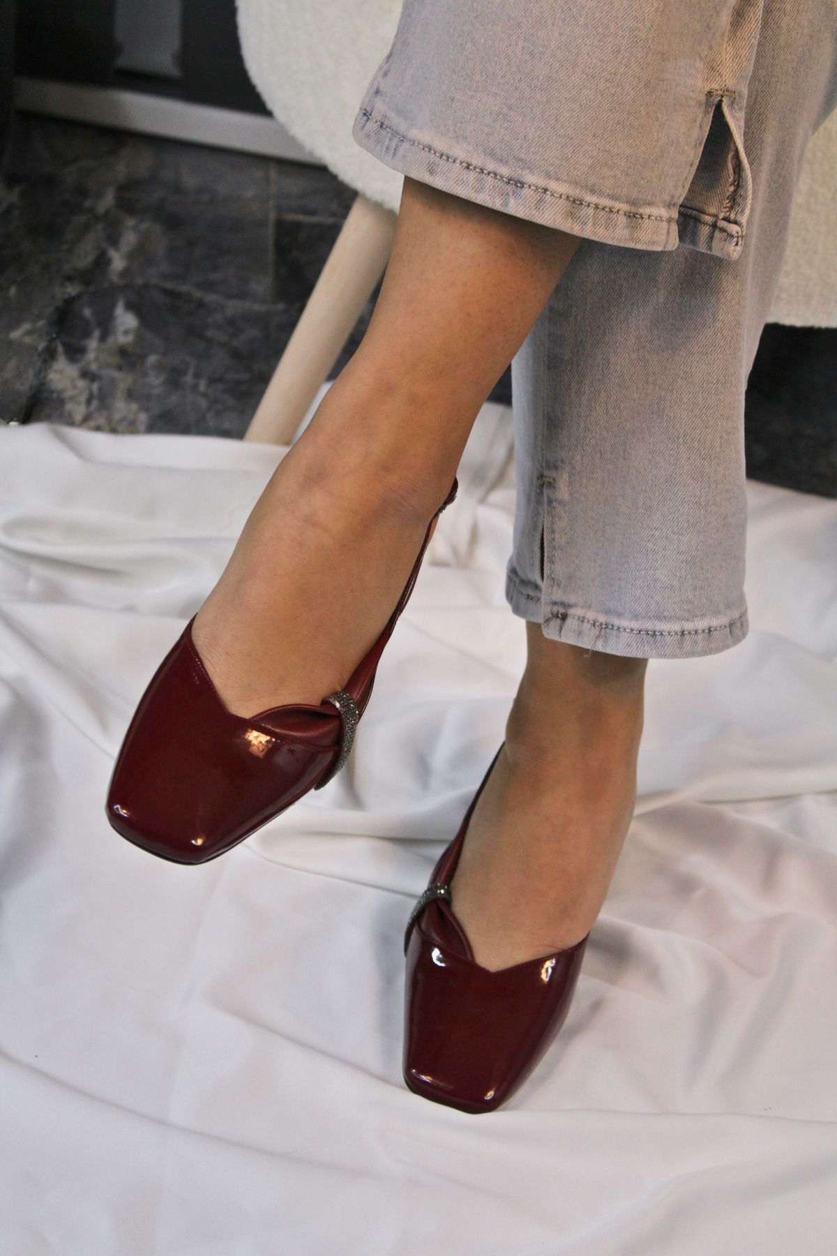mybellashoes Kadın Bordo Kare Burun Kısa Topuk Ayakkabı