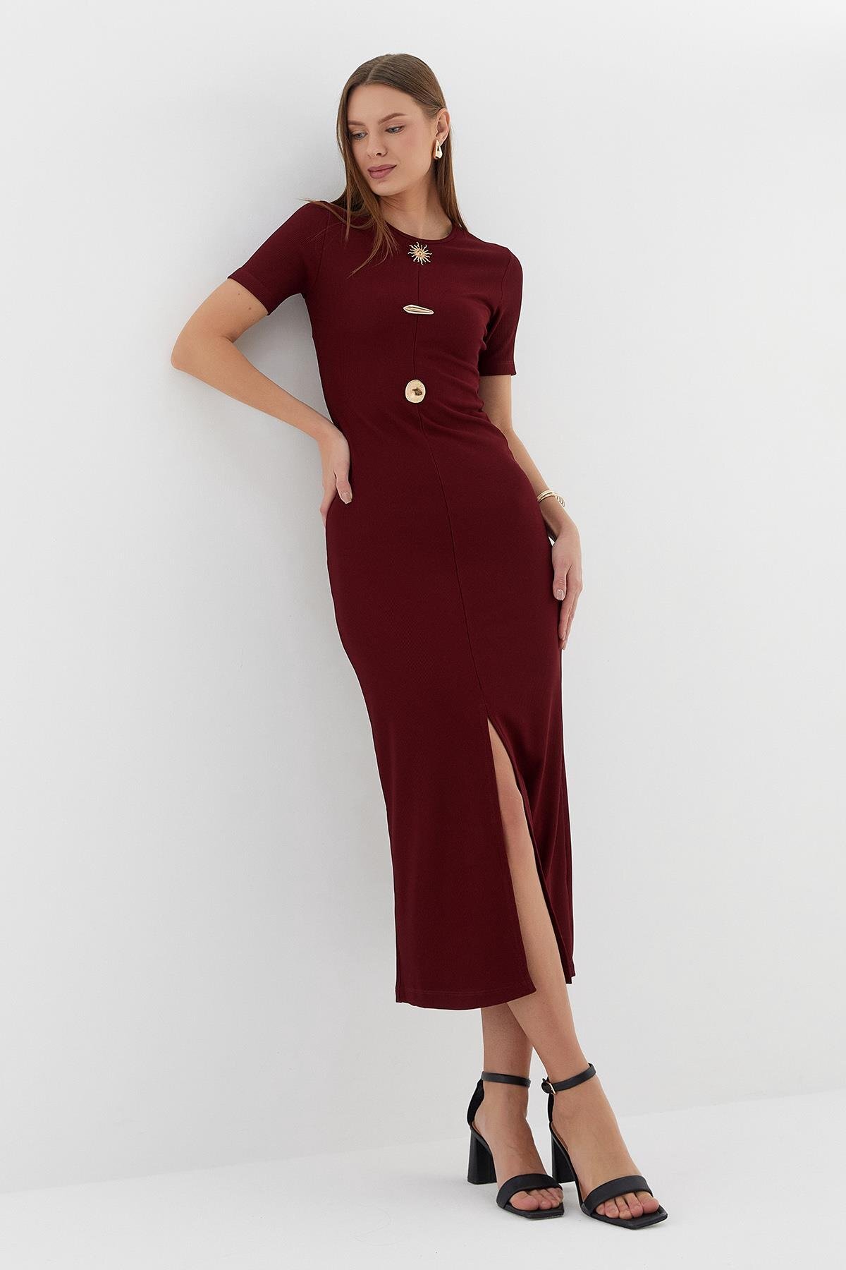 Shopping Shop Kısa Kol Midi Elbise BORDO