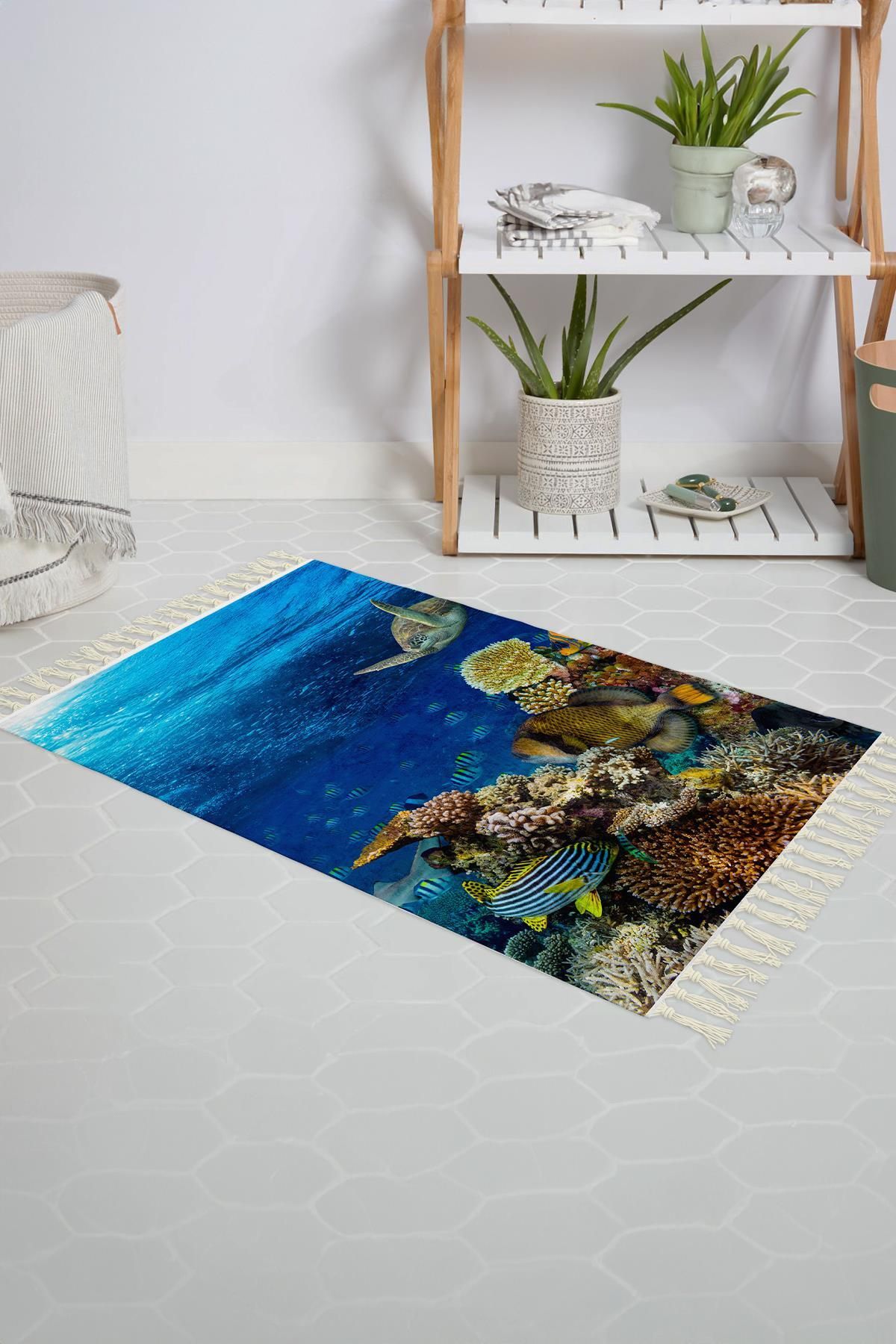 Zethome Banyo Halısı Dijital Baskılı Banyo Paspası 50x80 Polyester Kaymaz Tabanlı Duş Paspası Aquarium