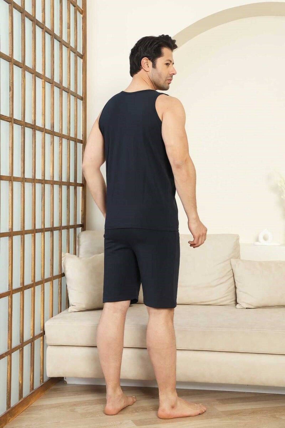 bie's Erkek Bisiklet Yaka Düğmesiz %100 Pamuk Atlet Sporcu Kol Cepli Şortlu Pijama Takımı