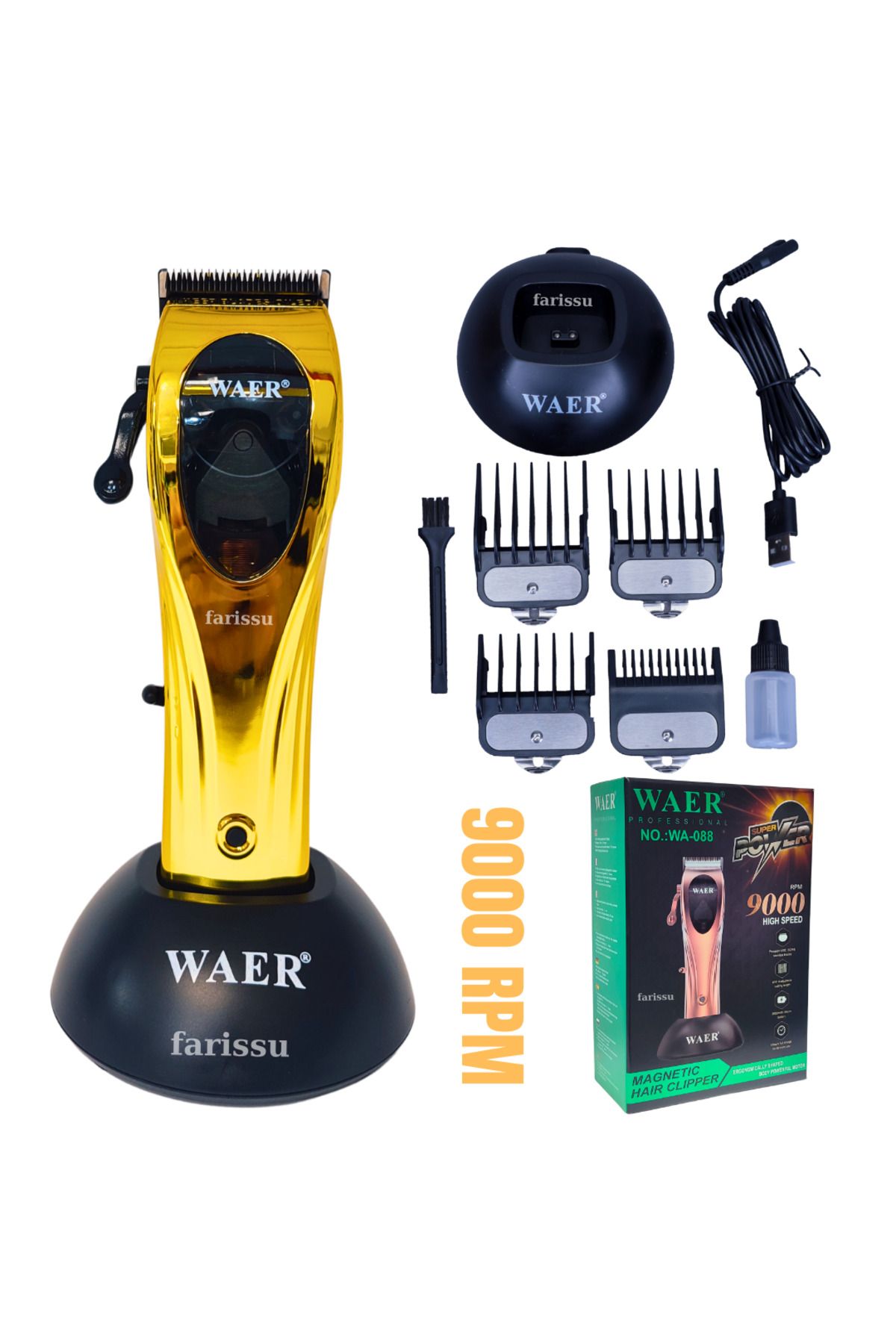 farissu WA-088 9000 RPM Profesyonel Saç Kesme Makinesi | 2600mAh Batarya | 4 Taraklı | Şarj Standlı