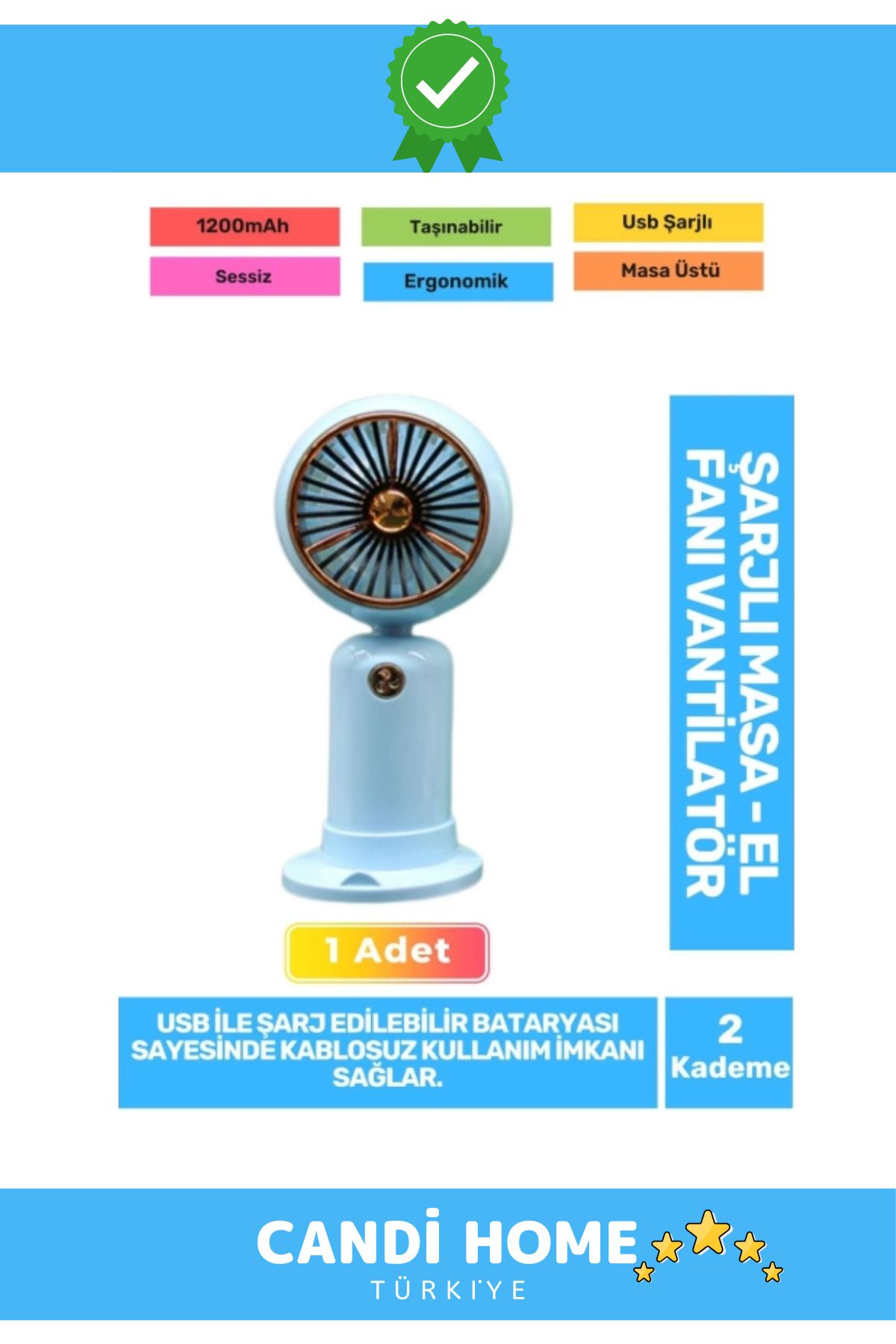 HOBİ CONDİ New Sessiz 2 Kademe Kablosuz 1200mAh Pervaneli Hafif Taşınabilen Usb Şarjlı Masa El Fanı Vantilatör