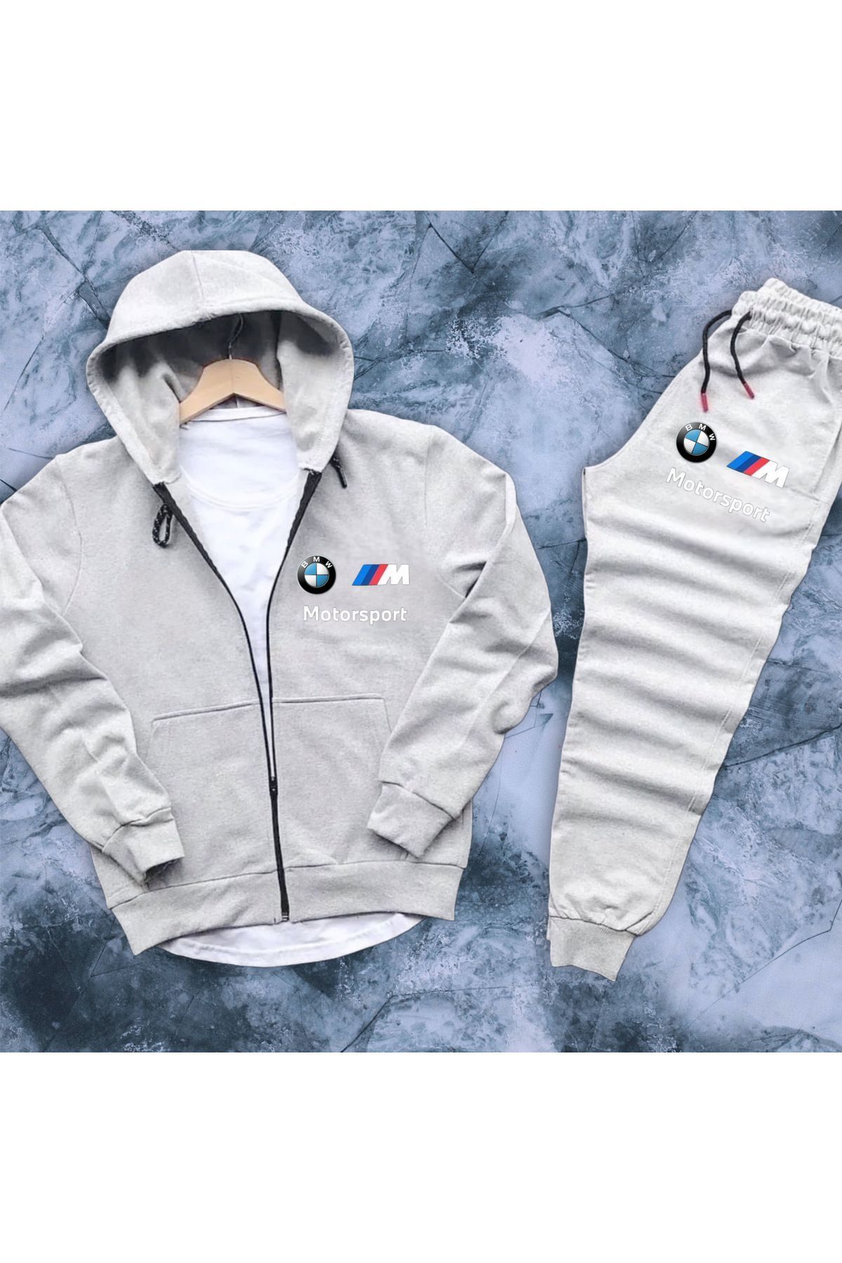 NEW TRENDY COLLECTİON Kapüşonlu boydan fermuarlı BMW motorsport görsel baskılı eşofman takımı