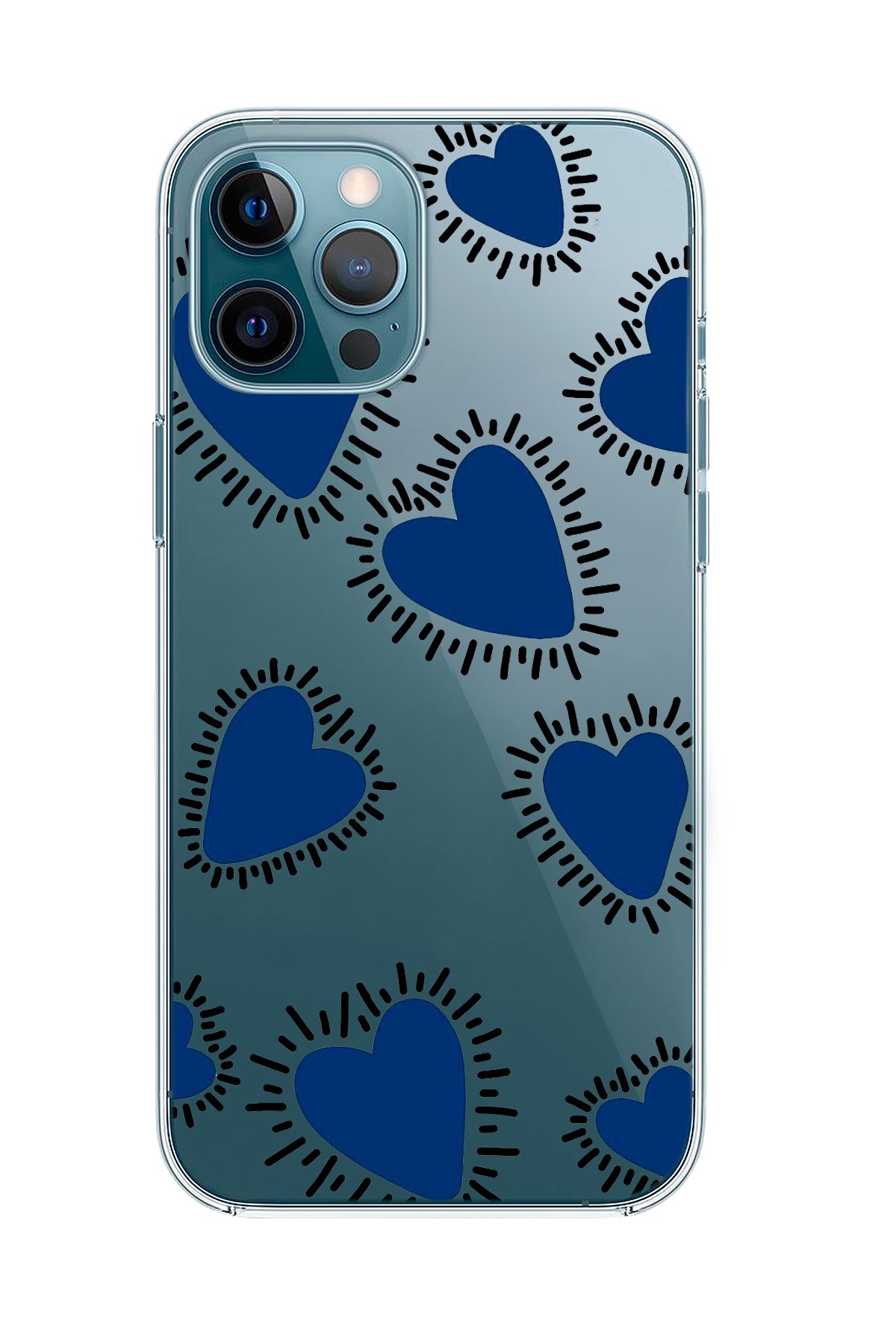 mooodcase iPhone 12 Pro Uyumlu Çizgili Mavi Kalpler Desenli Şeffaf Silikonlu Telefon Kılıfı