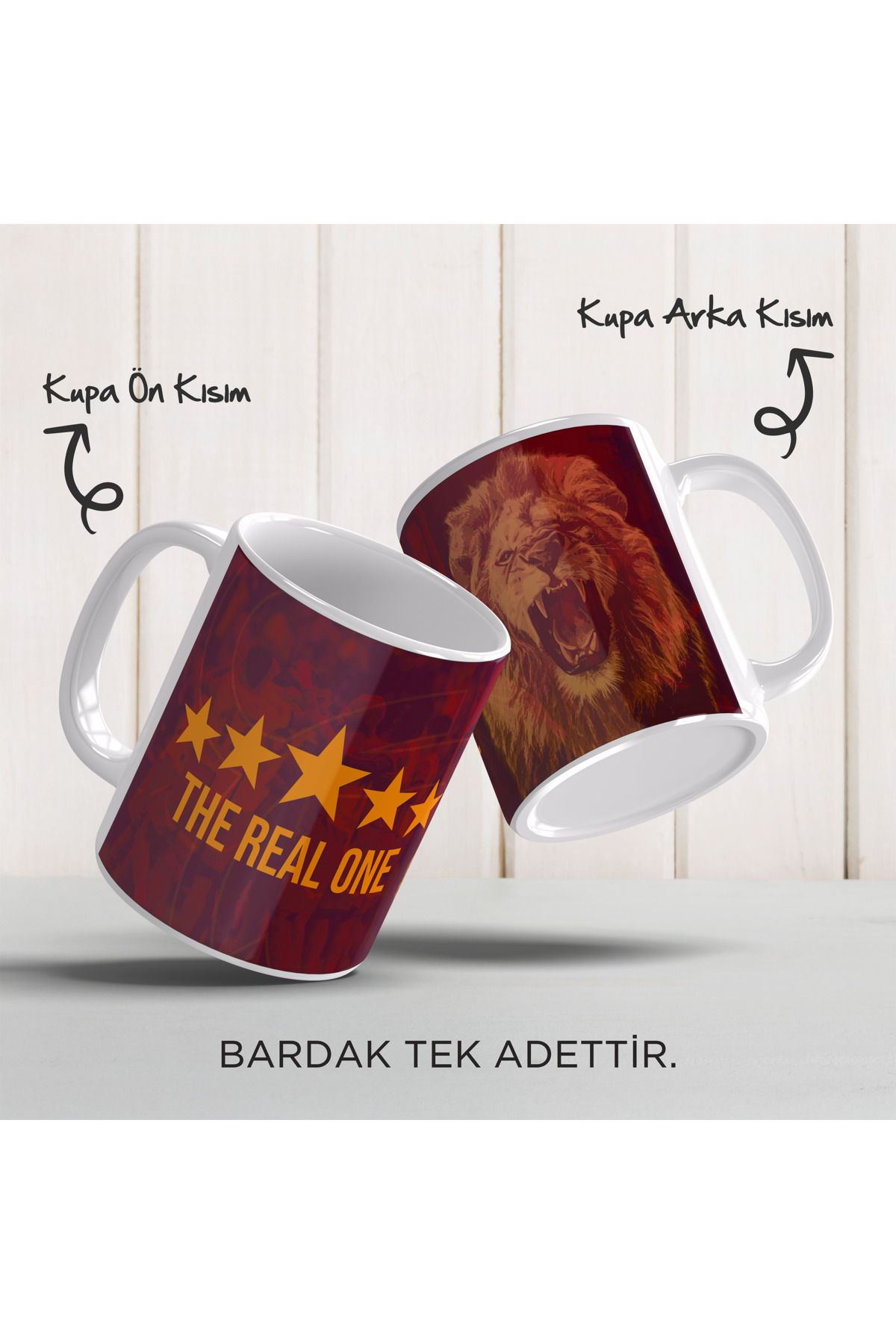 YELKOVAN TASARIM THE REAL ONE Sarı Kırmızı Aslan, 5 Yıldız Tasarımlı Baskılı Taraftar Porselen Bardak
