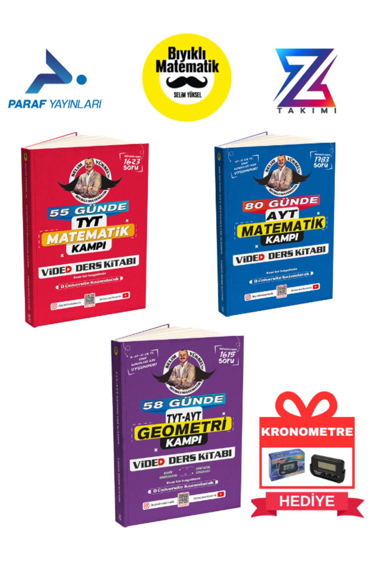 paraf yayınları Bıyıklı 55 Günde Ve 80 Günde TYT- AYT Matematik + 58 Günde TYT-AYT Geometri Video Ders Kitabı 3'lü