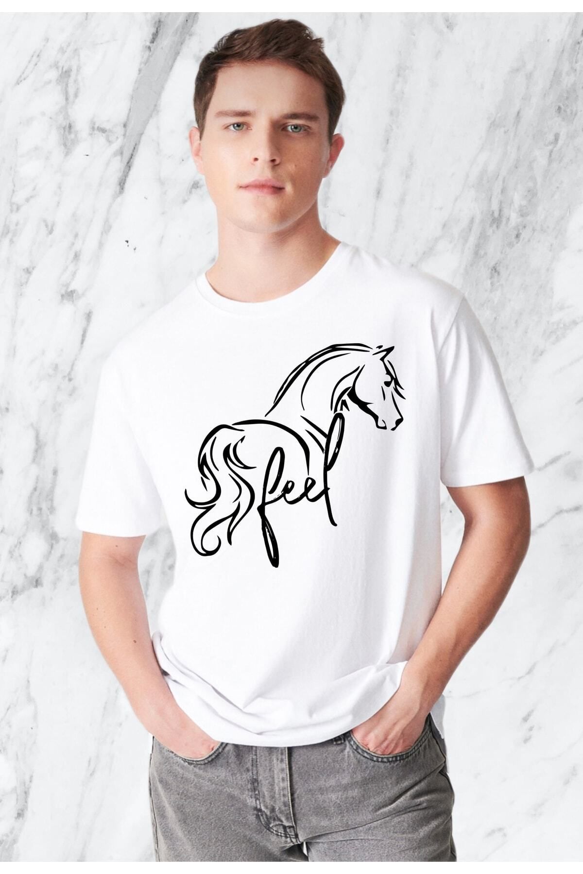 donamod Erkek At Tasarım Beyaz Regular Tshirt