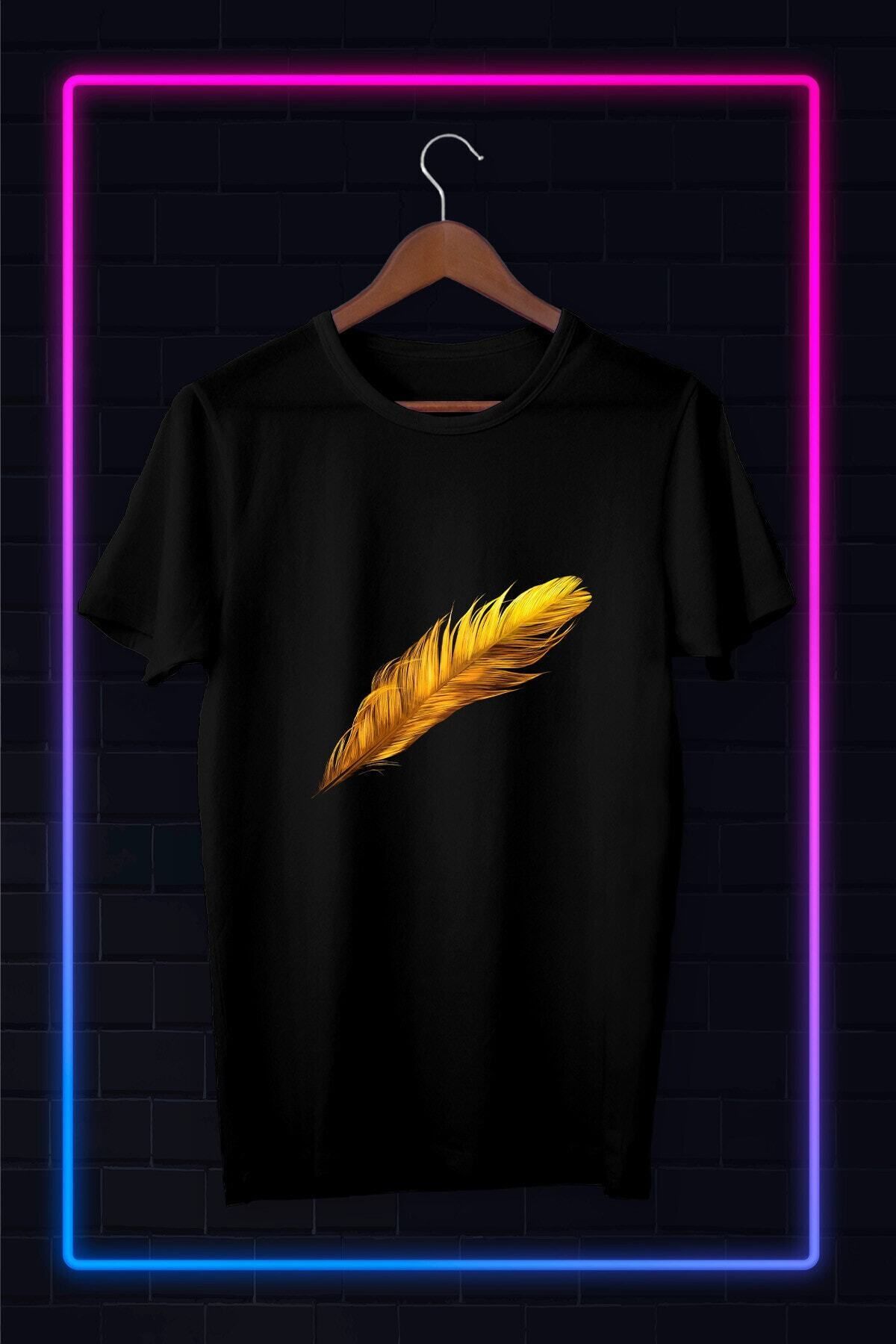 donamod Siyah -unisex -golden Feather-ıllustrasyon Çizim-