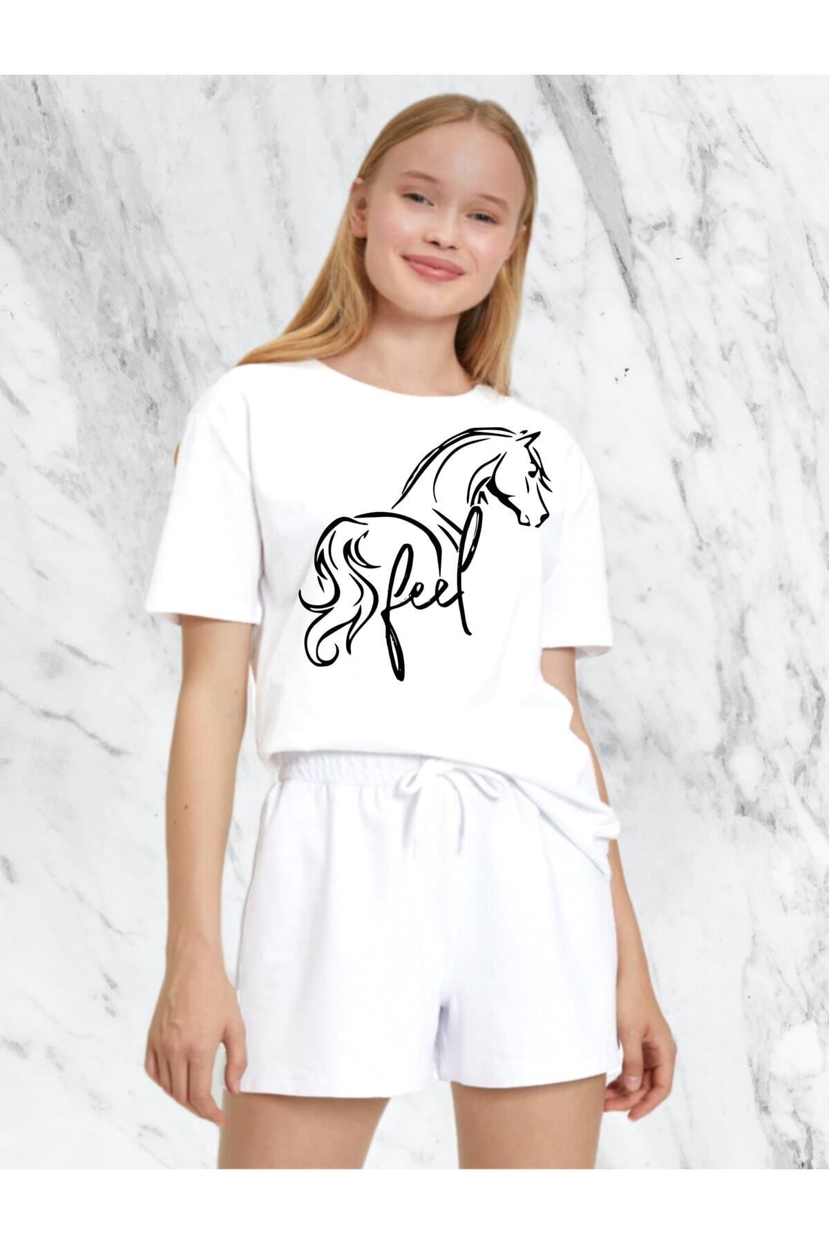 donamod Kadın At Tasarım Beyaz Regular Tshirt