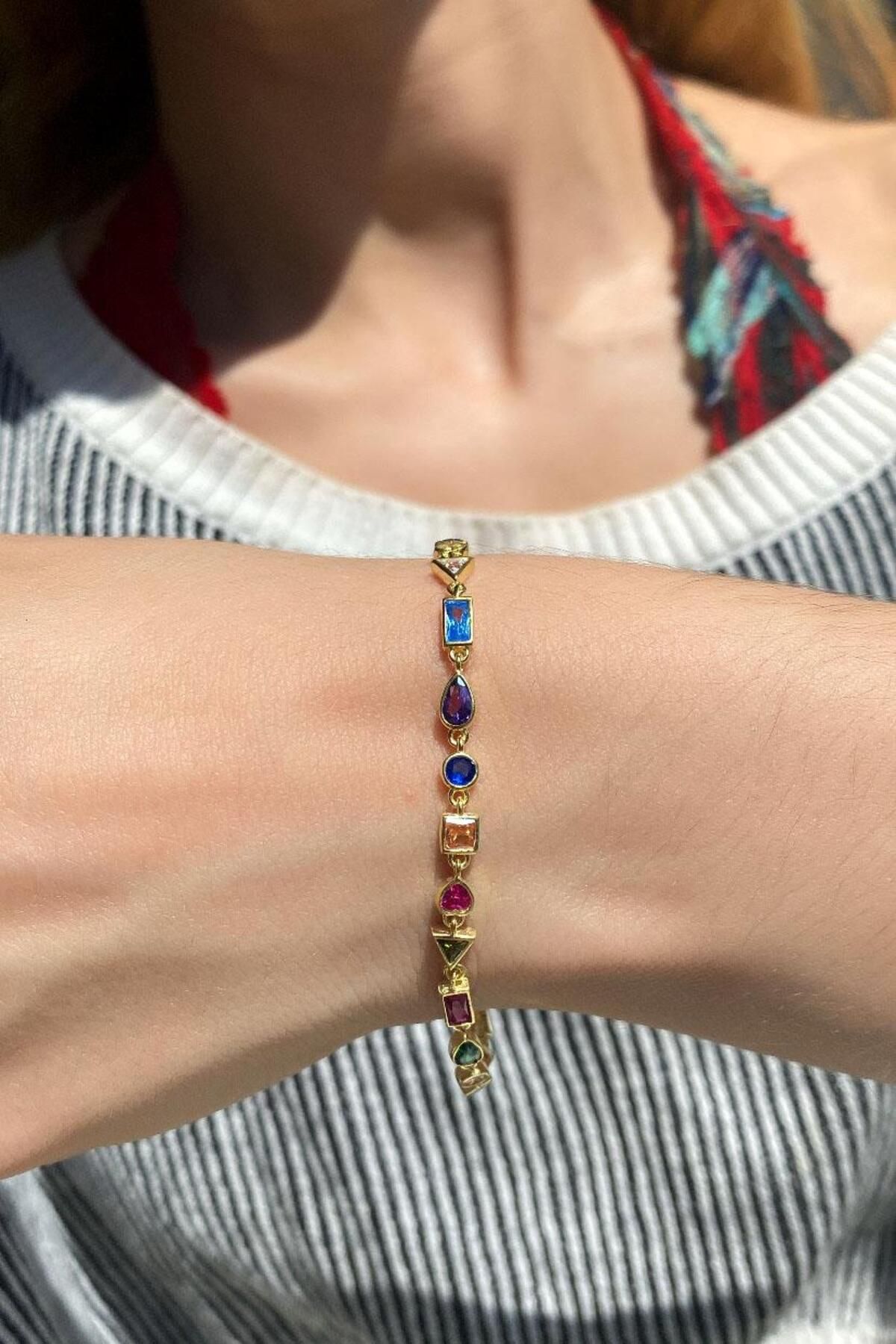 Spossy Silver Jewelry Geometrik Renkli Taşlı Bileklik