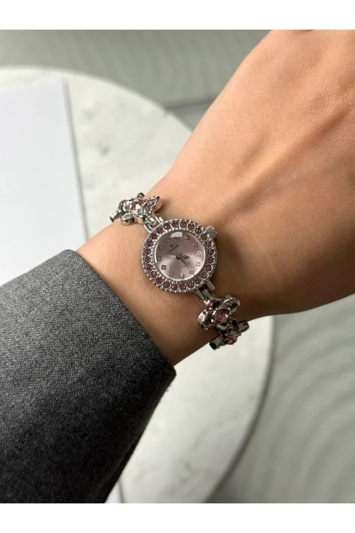 RoseandRoses Blom Çiçek Detaylı Taşlı Kordon Kadın Kol Saati Gümüş (pembe Kadran)