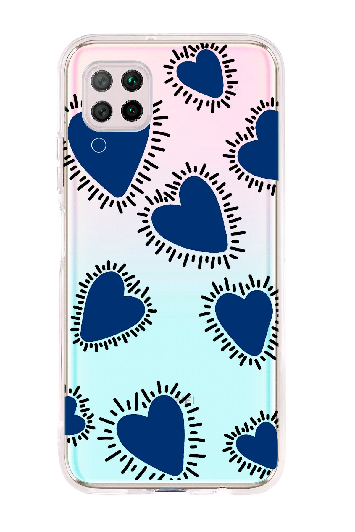 mooodcase Huawei P40 Lite Uyumlu Çizgili Mavi Kalpler Desenli Şeffaf Silikonlu Telefon Kılıfı