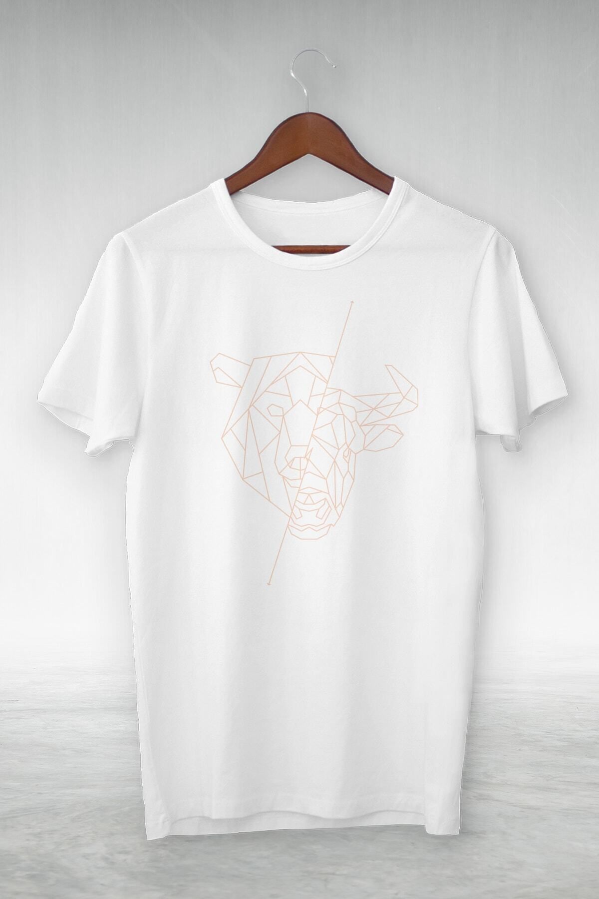 donamod Beyaz -lıon And Bull Head - Illustrasyon Çizim - Vip Tasarım Tshirt
