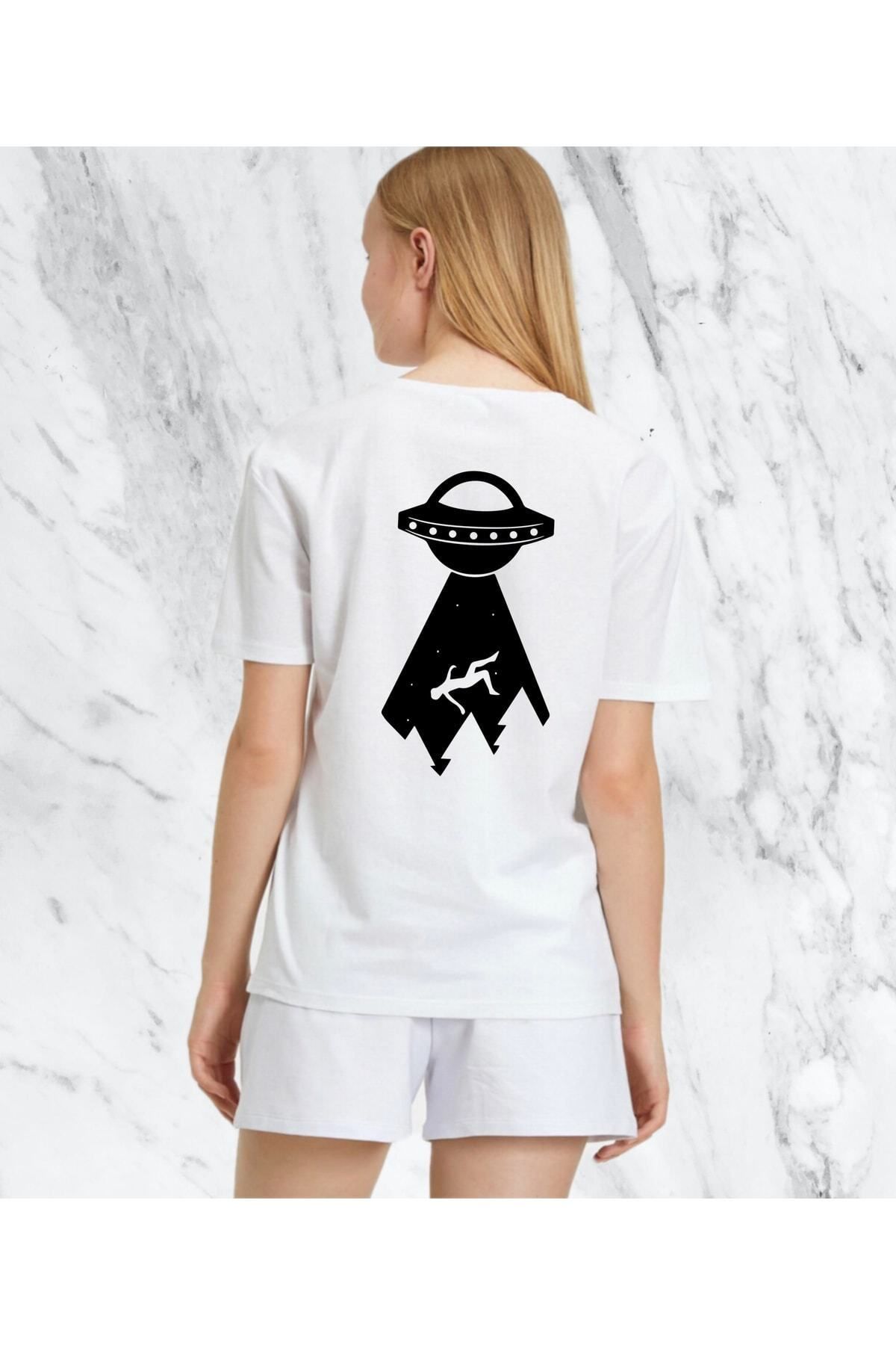 donamod Kadın Ufo / Uzaylı Sırt Baskılı Beyaz Regular Tshirt
