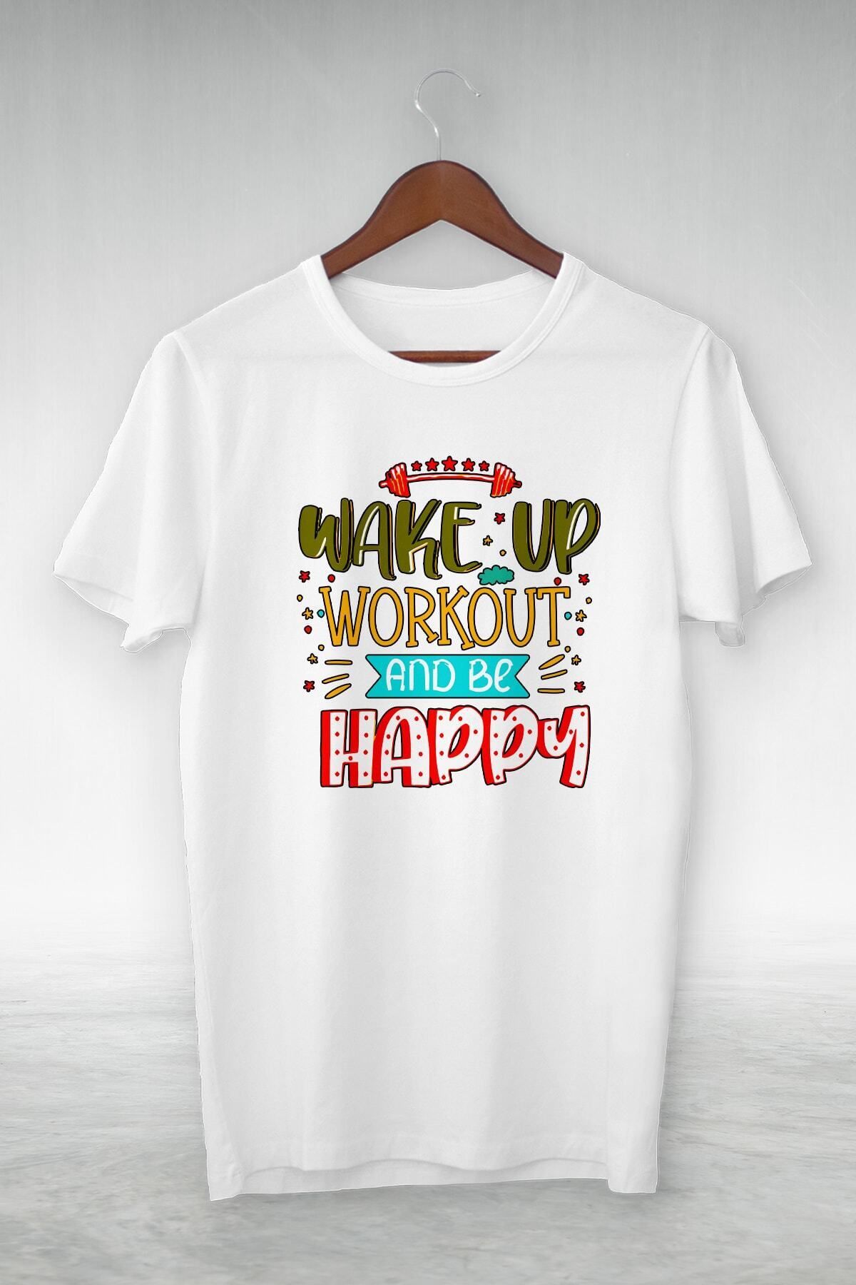donamod Beyaz -wake Up Work Out And Be Happy-ıllustrasyon Çizim -vip Tasarım Tshirt