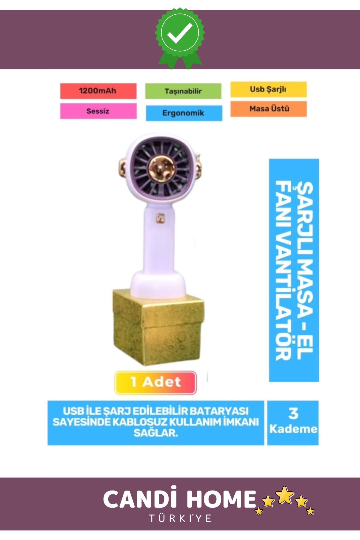 HOBİ CONDİ New Premium ÖzelSessiz 3 Kademe Hafif Kablosuz 1200mAh Pervaneli Usb Şarjlı Masa El Fanı Vantilatör