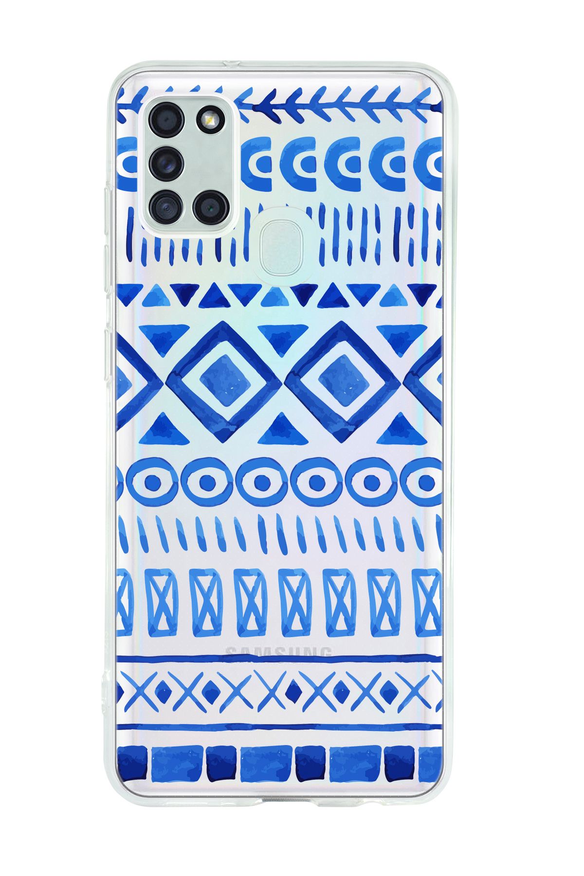 mooodcase Galaxy A21s Uyumlu Etnik İndigo Desenli Şeffaf Silikonlu Telefon Kılıfı