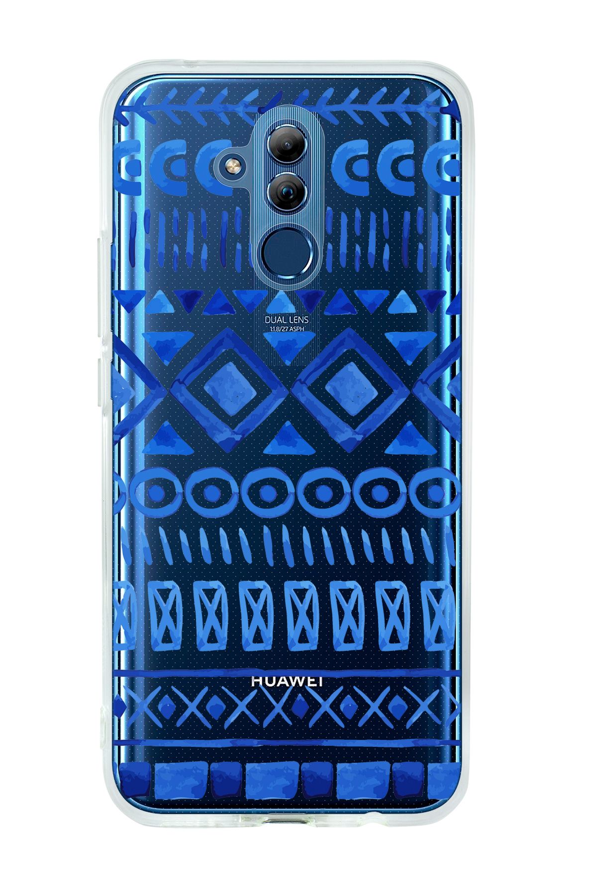 mooodcase Huawei Mate 20 Lite Uyumlu Etnik İndigo Desenli Şeffaf Silikonlu Telefon Kılıfı